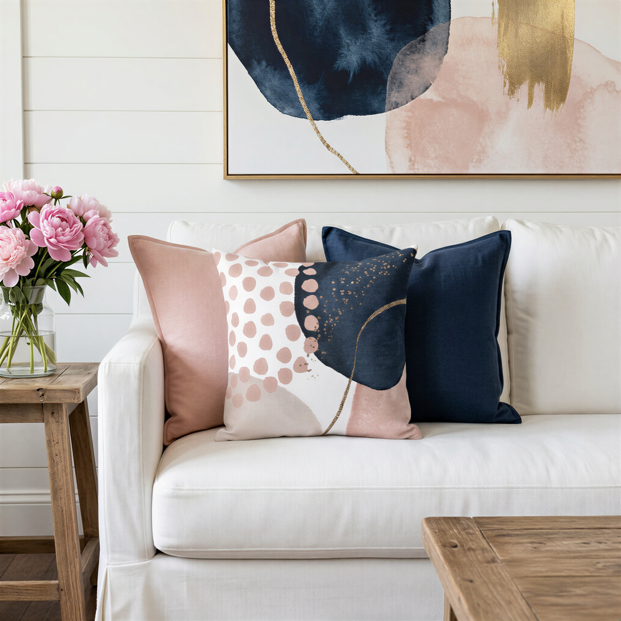 a white sofa adorned with three throw pillows, each with a unique design. The pillows are arranged in a way that complements the overall aesthetic of the room. In addition to the sofa, there is a wooden coffee table and a vase of pink flowers, adding a touch of color and warmth to the space. The room is decorated with a large abstract painting hanging on the wall, which serves as a focal point and adds an artistic element to the room.