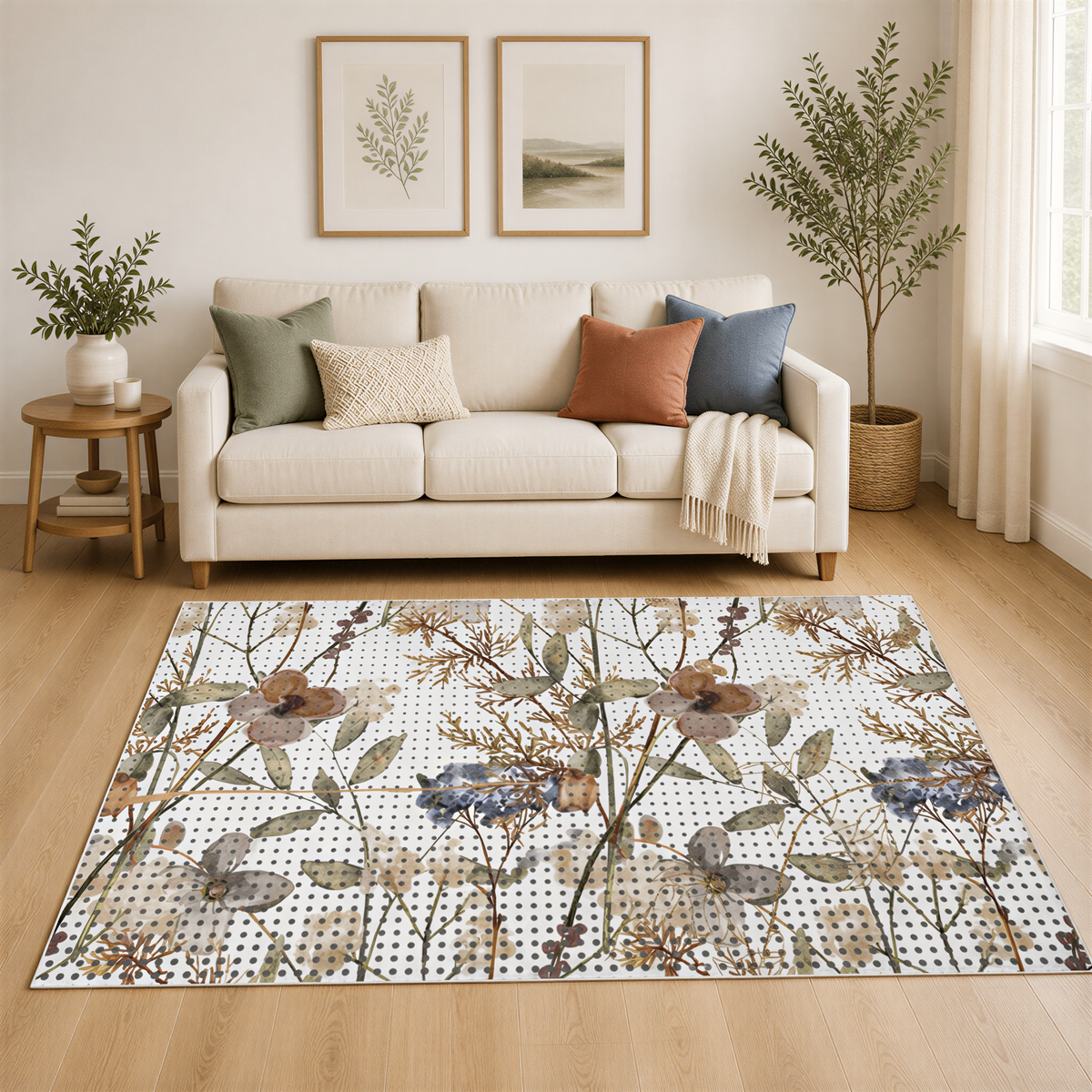 a cozy living room with a beige sofa, a wooden side table, and a large rug with a floral pattern. The room is decorated with potted plants and framed pictures on the wall.