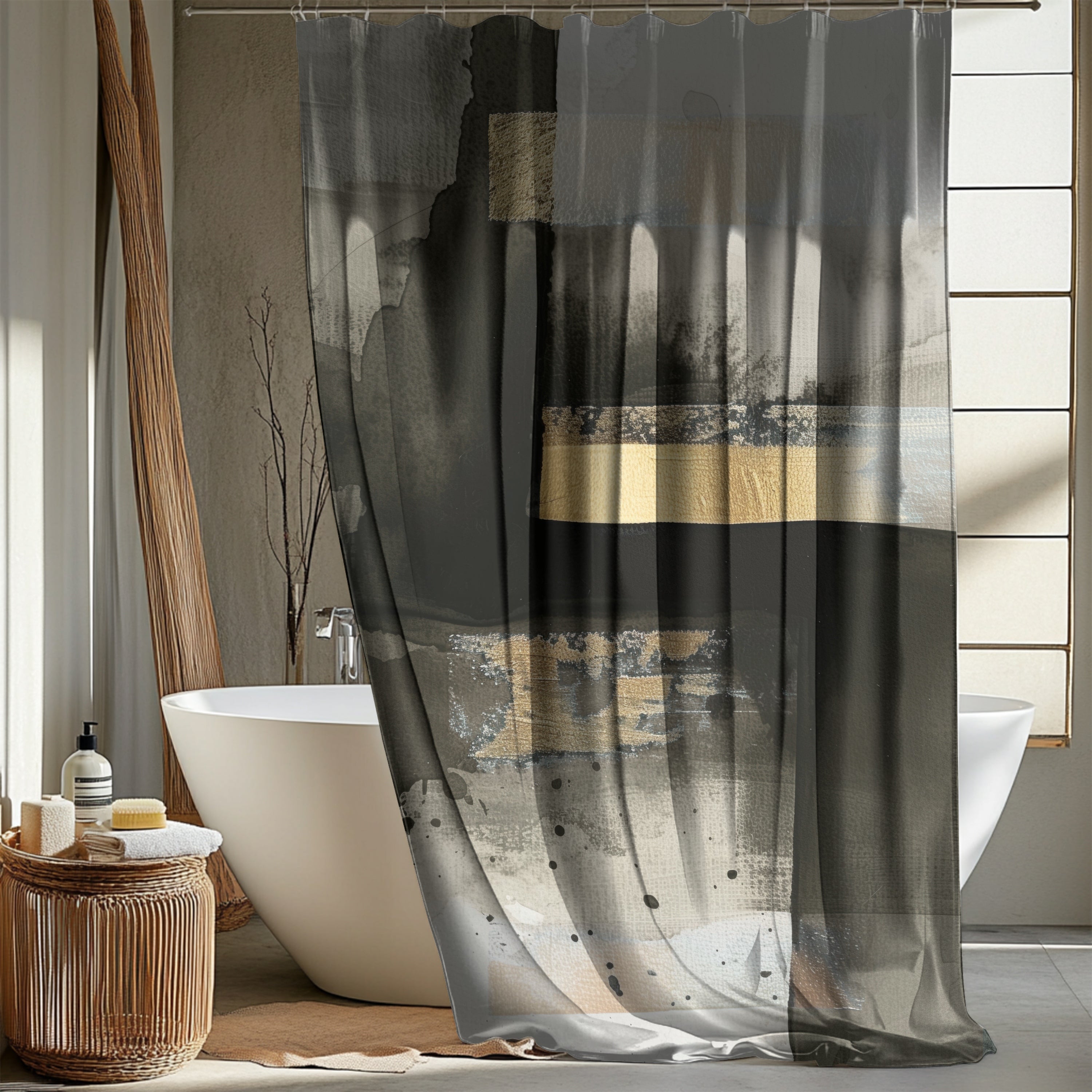 a modern bathroom with a large white bathtub, a shower curtain with a black and white abstract design, and a wicker basket on the floor.