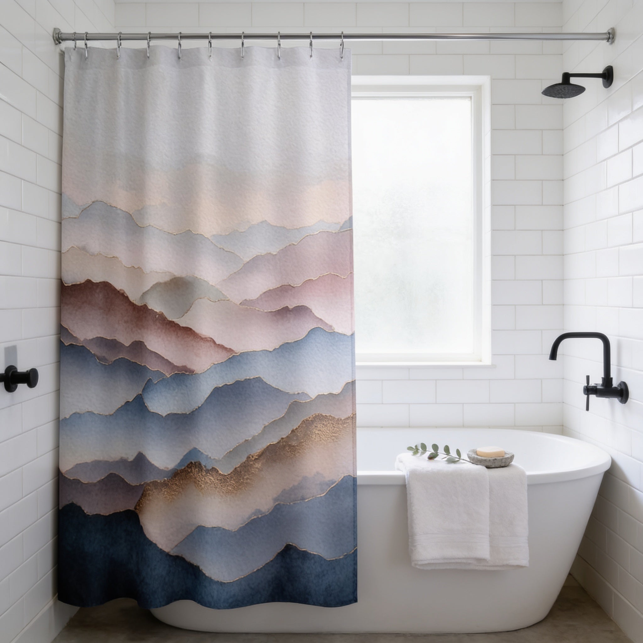 a bathroom with a white bathtub, a shower curtain with a mountain landscape design, and a window above the bathtub.