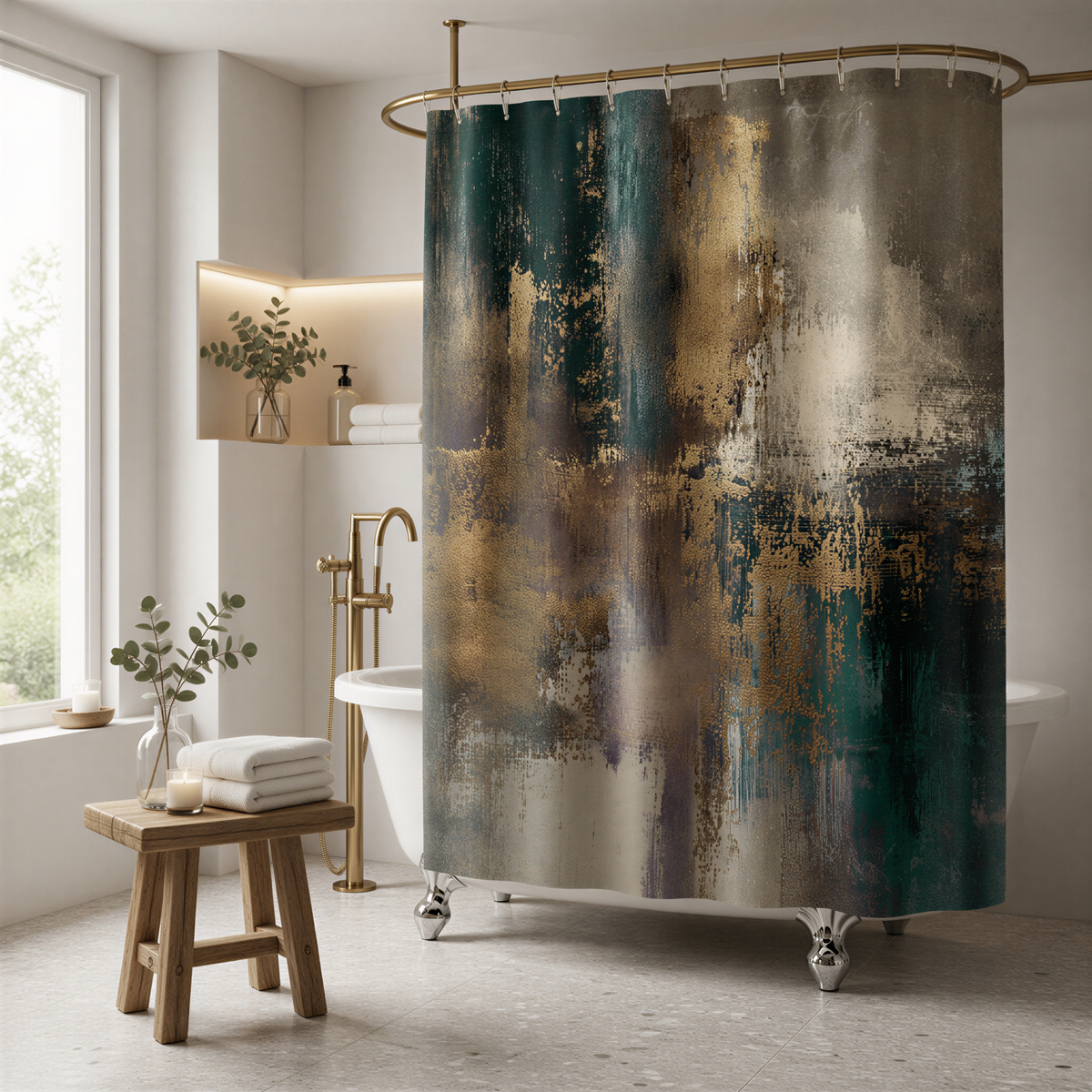 a modern bathroom with a large abstract painting on the wall, a wooden stool, a white bathtub, and a gold faucet.