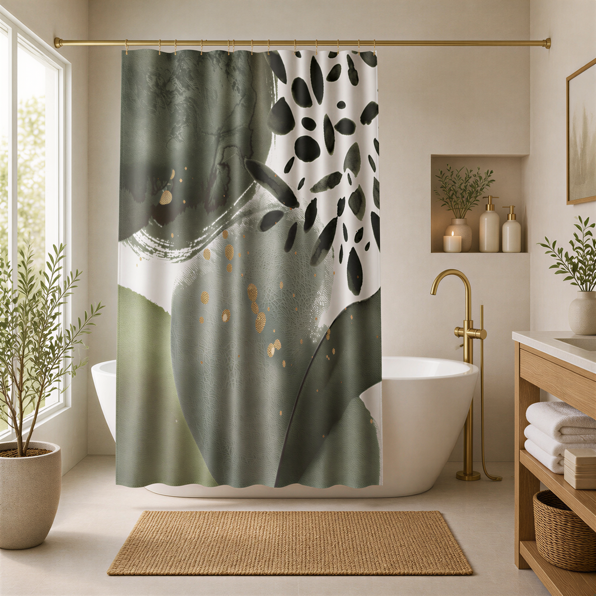 a modern bathroom with a large window, a white freestanding bathtub, and a shower curtain featuring a black and white abstract design.
