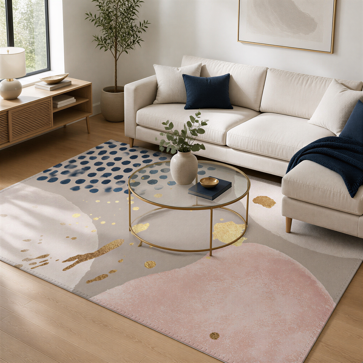 a modern living room with a white sofa, a glass coffee table, and a colorful abstract rug.