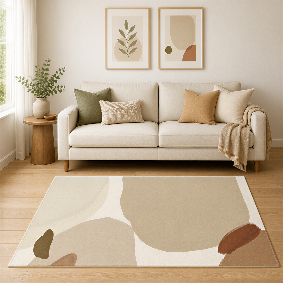 a cozy living room with a beige sofa, a wooden side table, and a large abstract rug on the floor. The room has a minimalist and modern design, with neutral colors and simple furniture.