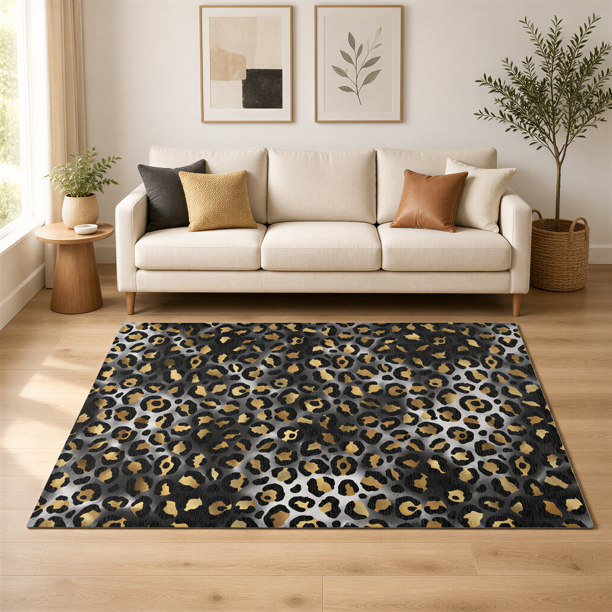a living room with a white sofa, a leopard print rug, and two framed artworks on the wall.