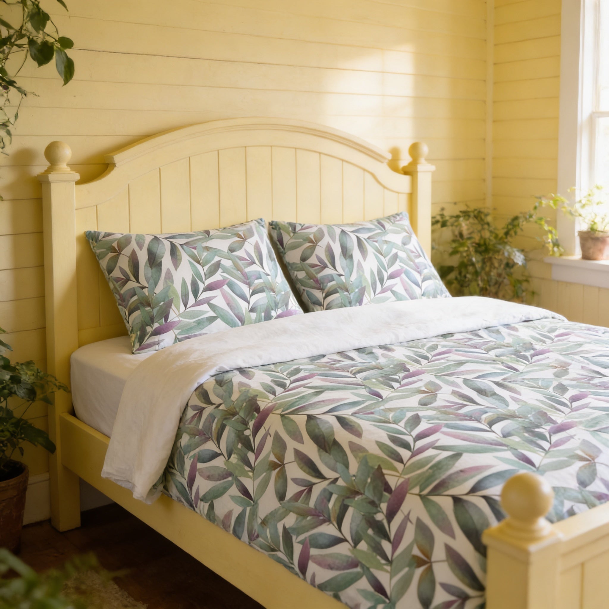 a cozy bedroom with a yellow wooden bed frame, a white headboard, and a colorful comforter with a leaf pattern. The bed is surrounded by potted plants, and the room has a warm, inviting atmosphere.
