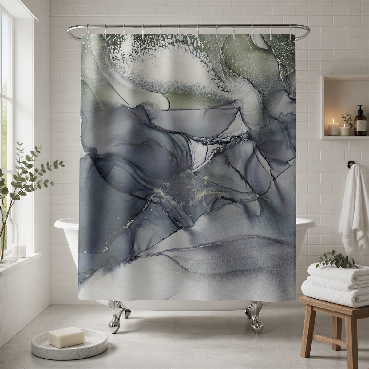 a bathroom with a large abstract patterned shower curtain hanging from a rod. The curtain has a mix of blue and gray colors, creating a visually striking design. The bathroom also includes a white bathtub, a wooden stool, and some greenery, adding to the overall aesthetic of the space.