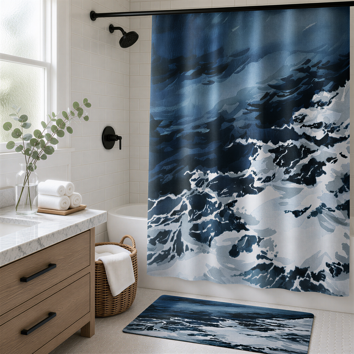 a bathroom with a large blue and white shower curtain featuring a wave pattern. The bathroom has a white tiled floor, a wooden vanity, and a wicker basket. There is a vase of greenery on the vanity, and a rug on the floor.