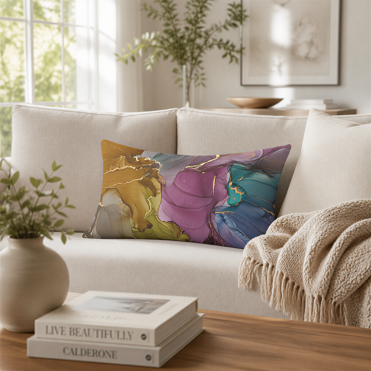 a cozy living room with a beige sofa adorned with a colorful throw pillow. In front of the sofa, there is a wooden coffee table with a stack of books and a vase of greenery. The room is decorated with a painting hanging on the wall and a plant in the corner.