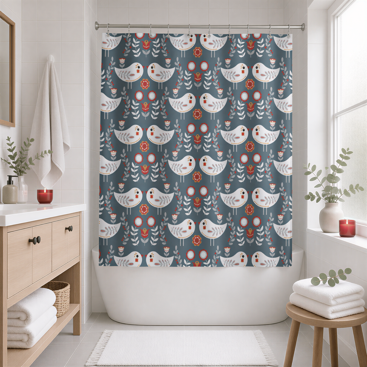 a bathroom with a shower curtain featuring a repeating pattern of white birds and flowers in shades of blue and red. The bathroom is well-decorated with a wooden vanity, a white bathtub, and various decorative elements such as potted plants and candles.