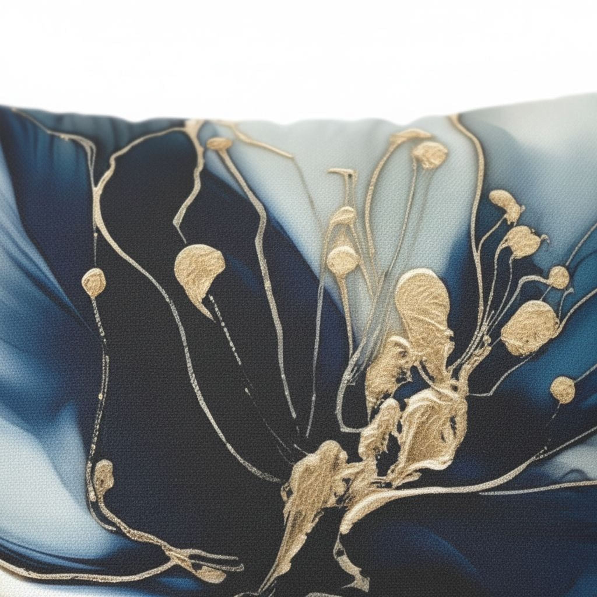 a close-up view of a striking abstract artwork, showcasing a captivating blend of blue and gold hues. The artwork is adorned with intricate patterns and designs, creating a visually appealing and dynamic composition.