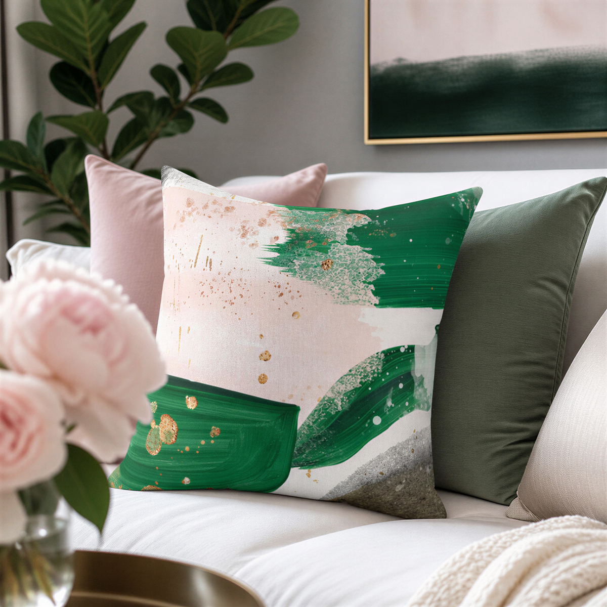 a cozy living room with a white couch adorned with colorful throw pillows, including a green and white abstract pillow with gold accents. The room is decorated with a vase of pink flowers and a framed picture on the wall.
