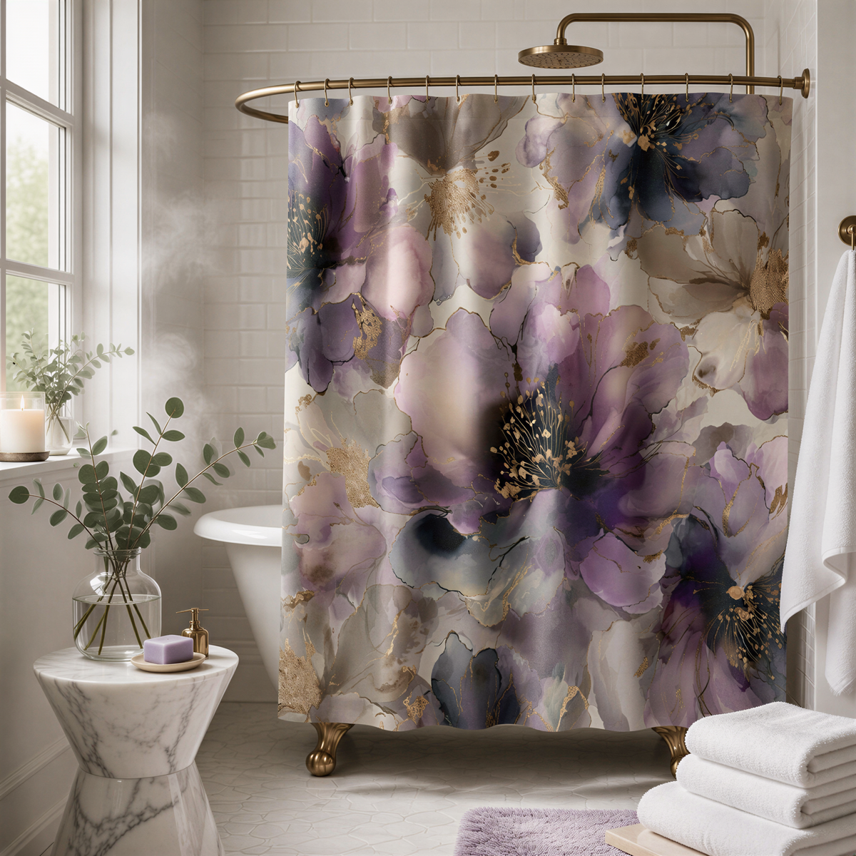 a bathroom with a shower curtain featuring a floral pattern in shades of purple and gold. The shower curtain is hanging from a rod with a gold-colored metal bracket. The bathroom also includes a white bathtub, a marble stool, and a potted plant.