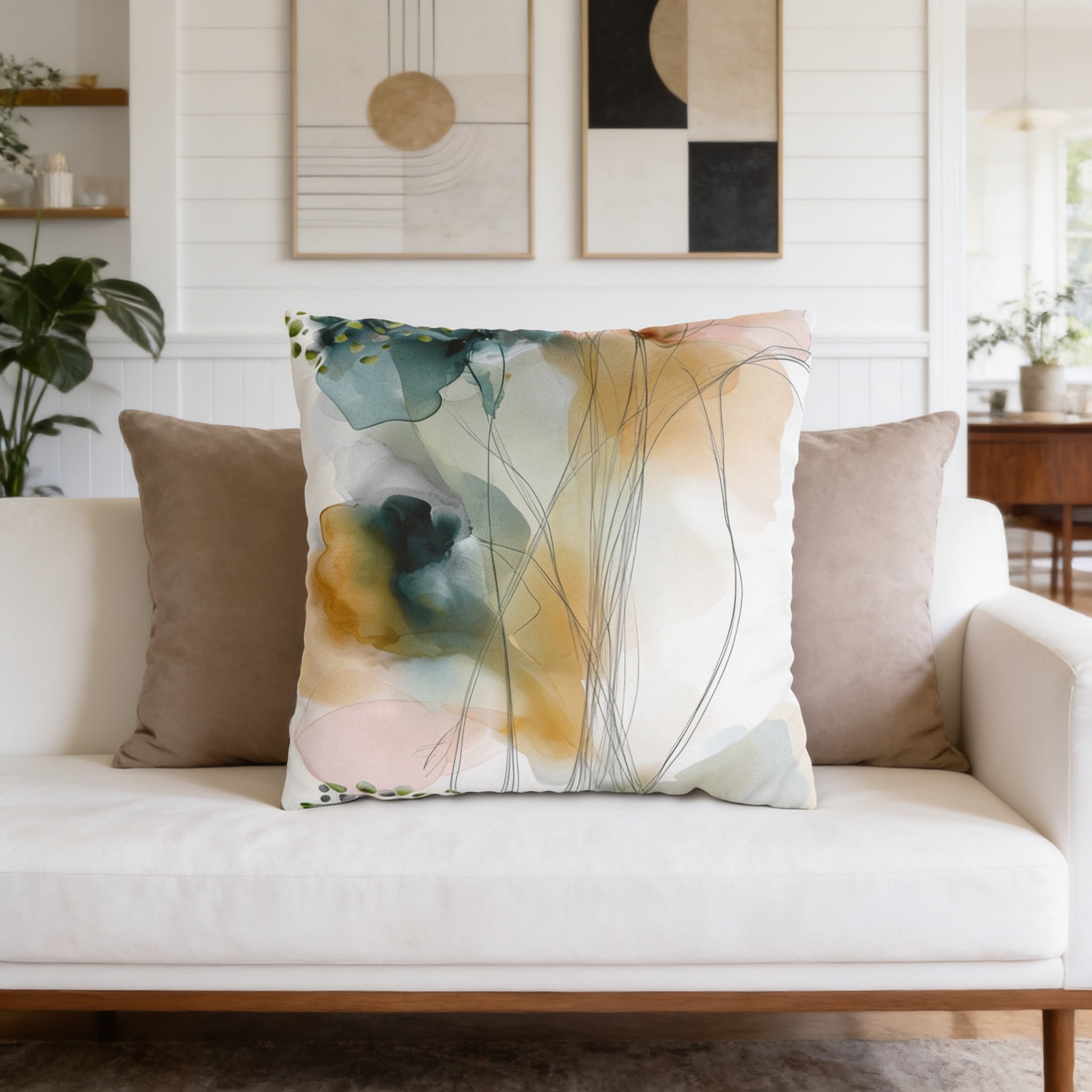 a living room with a white sofa and a large abstract floral print pillow on it. The room has a minimalist and modern design, with white walls and a wooden floor. There are also some plants and artwork in the room, adding to the overall aesthetic.