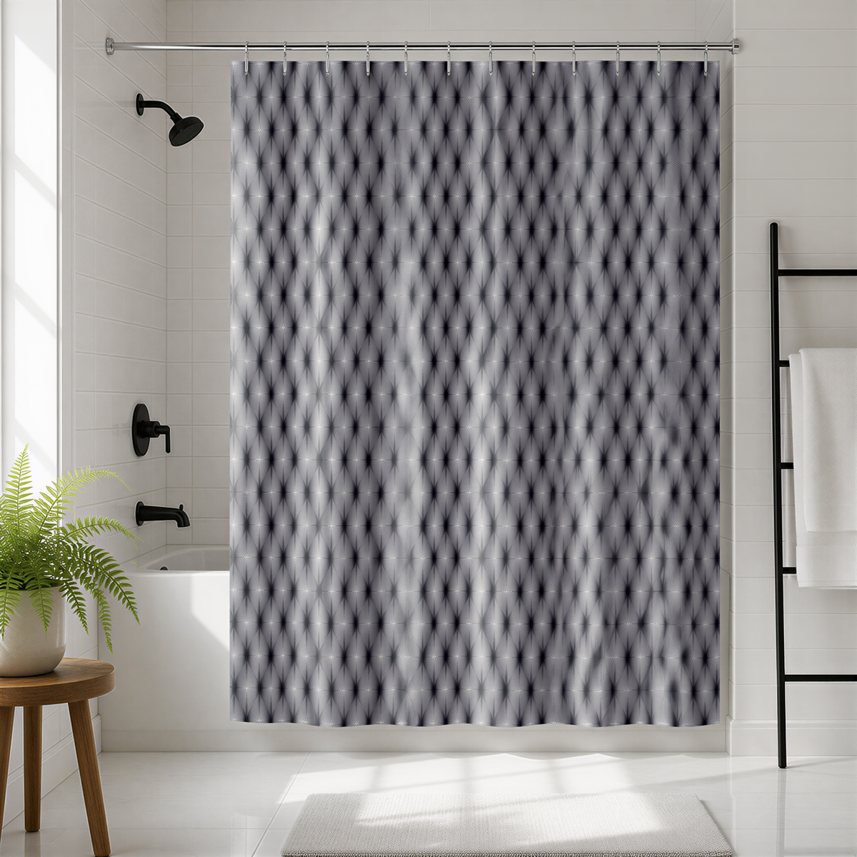 a bathroom with a shower curtain featuring a black and white geometric pattern. The shower curtain is hanging from a rod, and there is a potted plant on the left side of the frame.