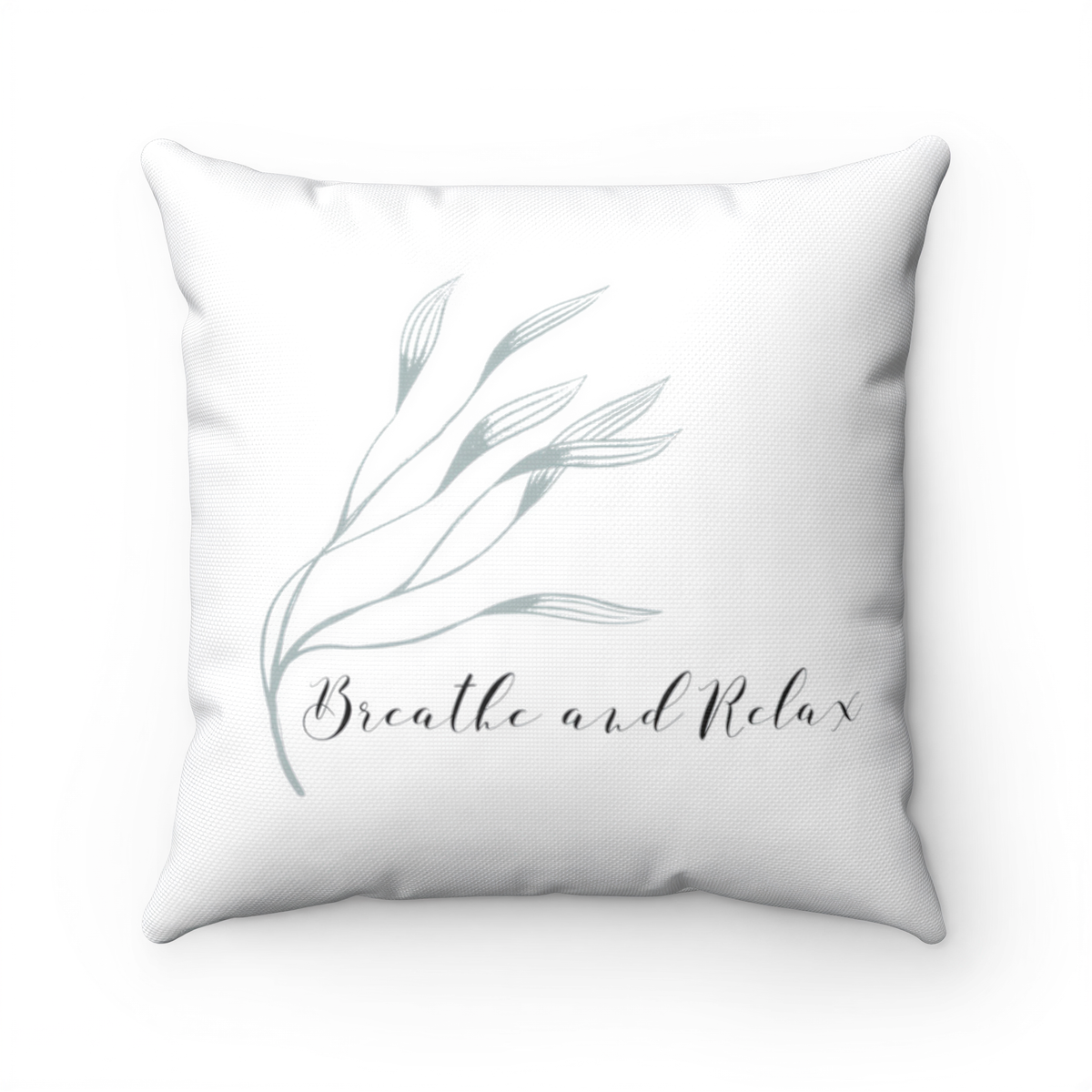 With Saying Pillow Cover White Teal Leaves Breathe and Relax styled on a sofa