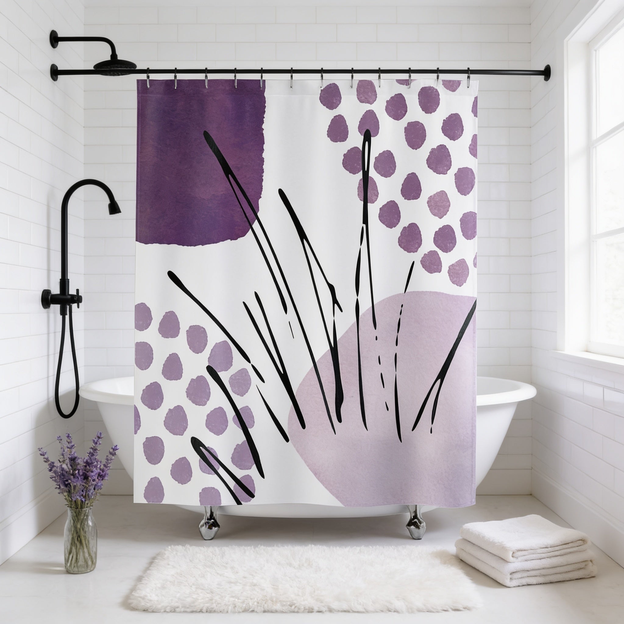 a bathroom with a white bathtub, a shower curtain with a purple and white abstract design, and a vase of lavender flowers on the floor.