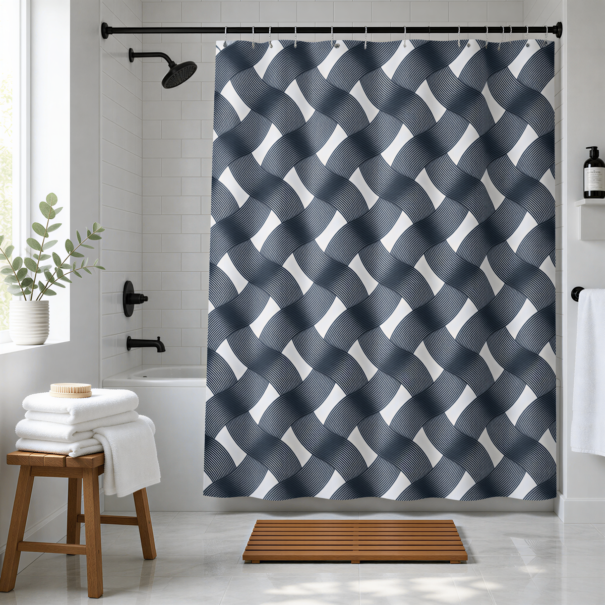 a modern bathroom with a large shower curtain featuring a geometric pattern in shades of blue and white. The bathroom is well-lit, with a wooden stool and a potted plant adding to the decor.