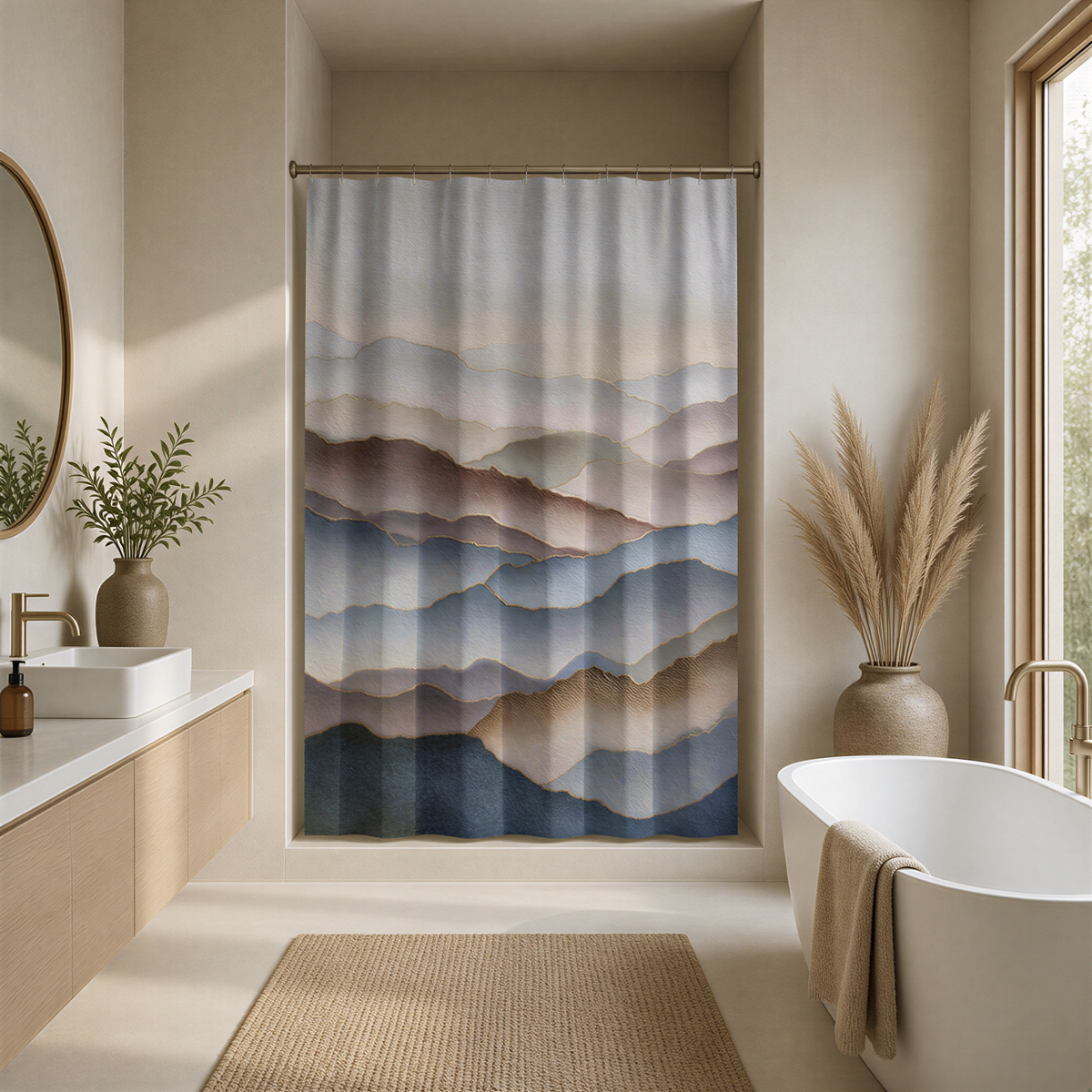 a serene and modern bathroom with a large window that allows natural light to flood the space. The window is adorned with a curtain featuring a mountain landscape, adding a touch of nature to the room. The bathroom is equipped with a freestanding bathtub, a sink, and a mirror. The walls are painted in a light color, and the floor is covered with a beige rug, creating a harmonious and tranquil atmosphere.