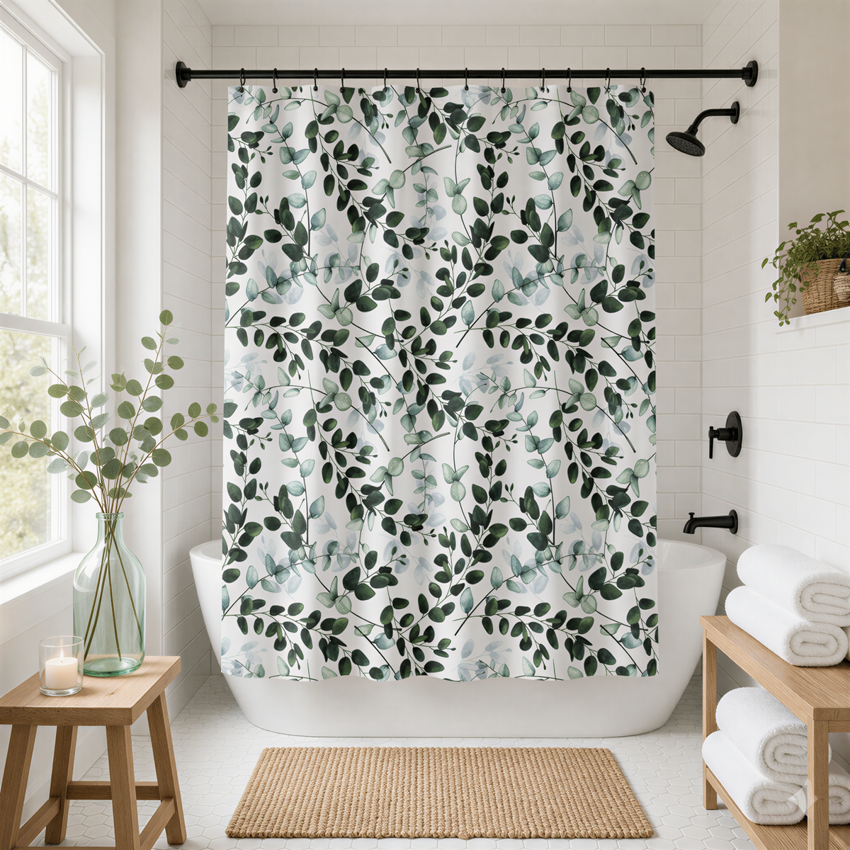 a bathroom with a shower curtain featuring a green leaf pattern, a white bathtub, and a wooden stool.