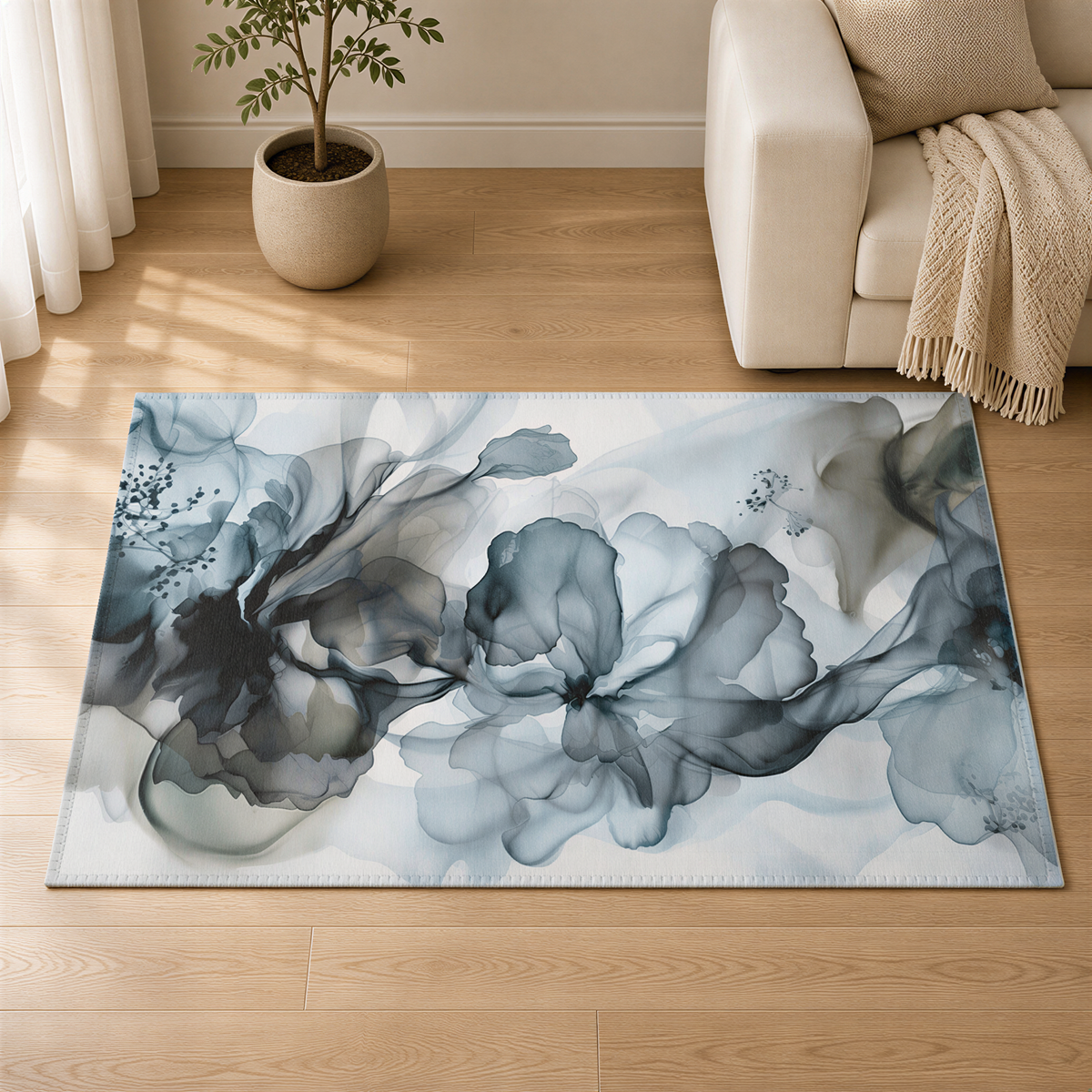 a large abstract floral rug with a blue and white color scheme, placed on a wooden floor in a living room setting.