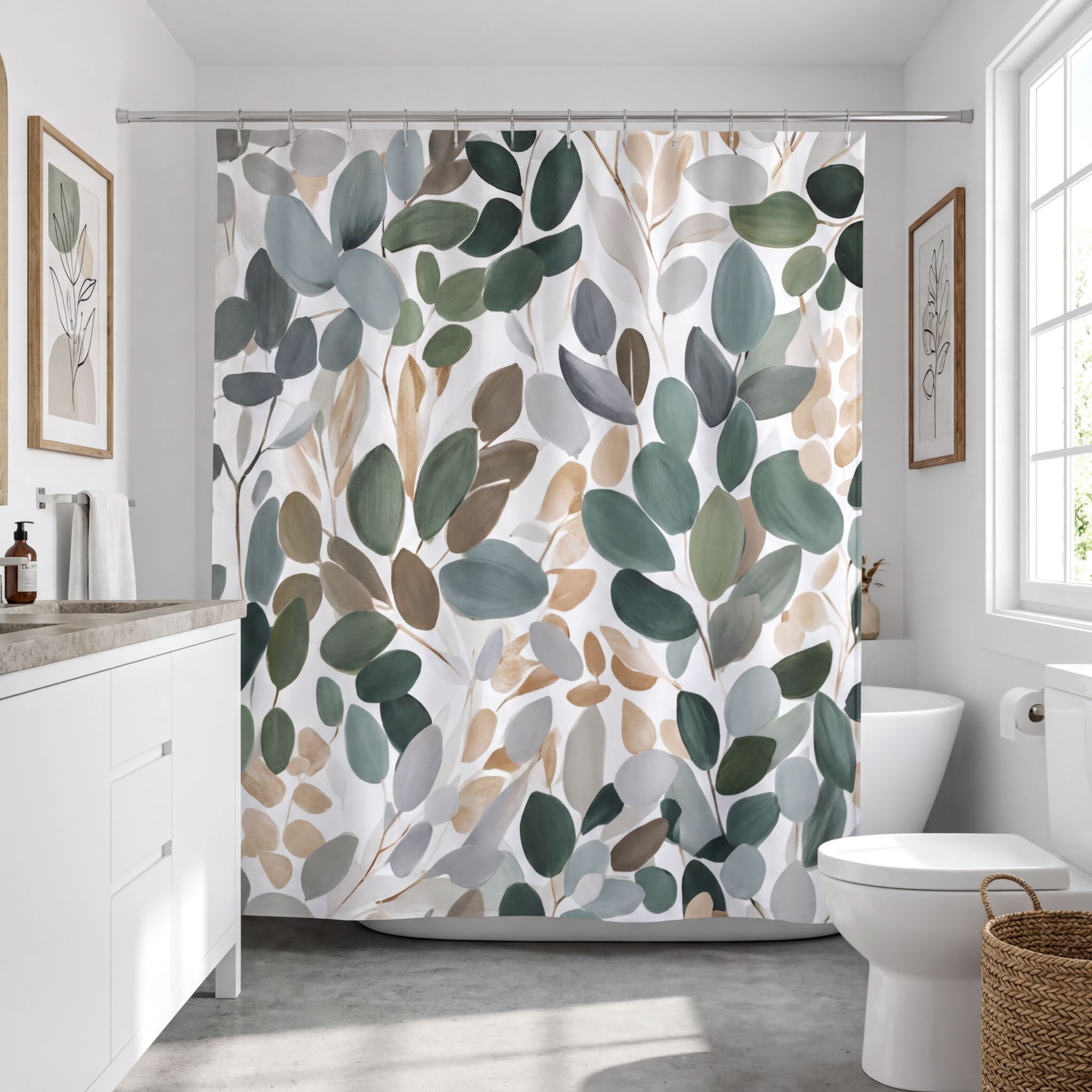 a bathroom with a shower curtain featuring a leafy, abstract pattern in shades of green, brown, and gray. The bathroom is well-lit, with a window providing natural light and a white vanity and toilet.