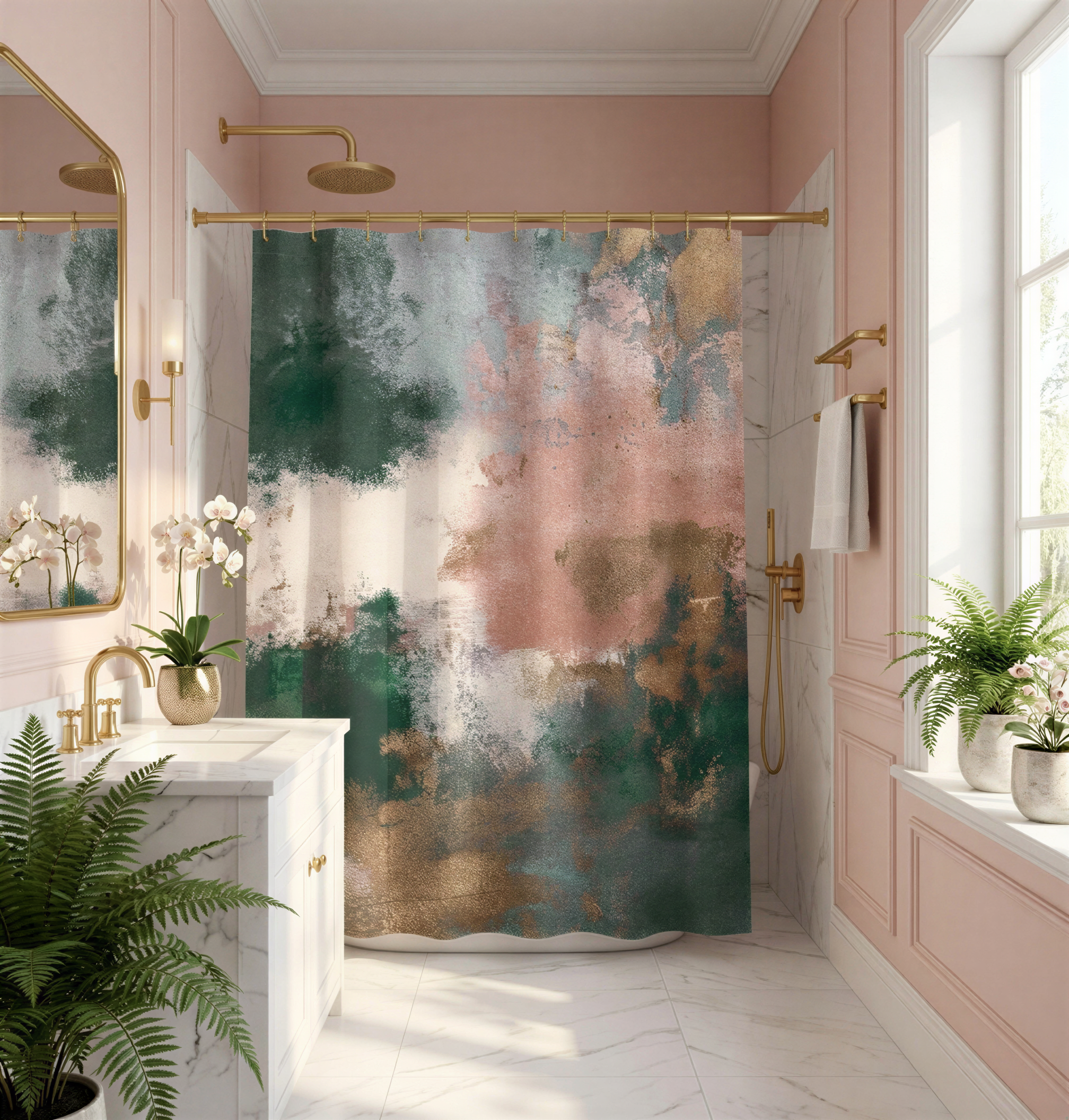 a bathroom with a large, colorful abstract painting on the wall, a white marble vanity, a gold faucet, and a large window with white curtains.