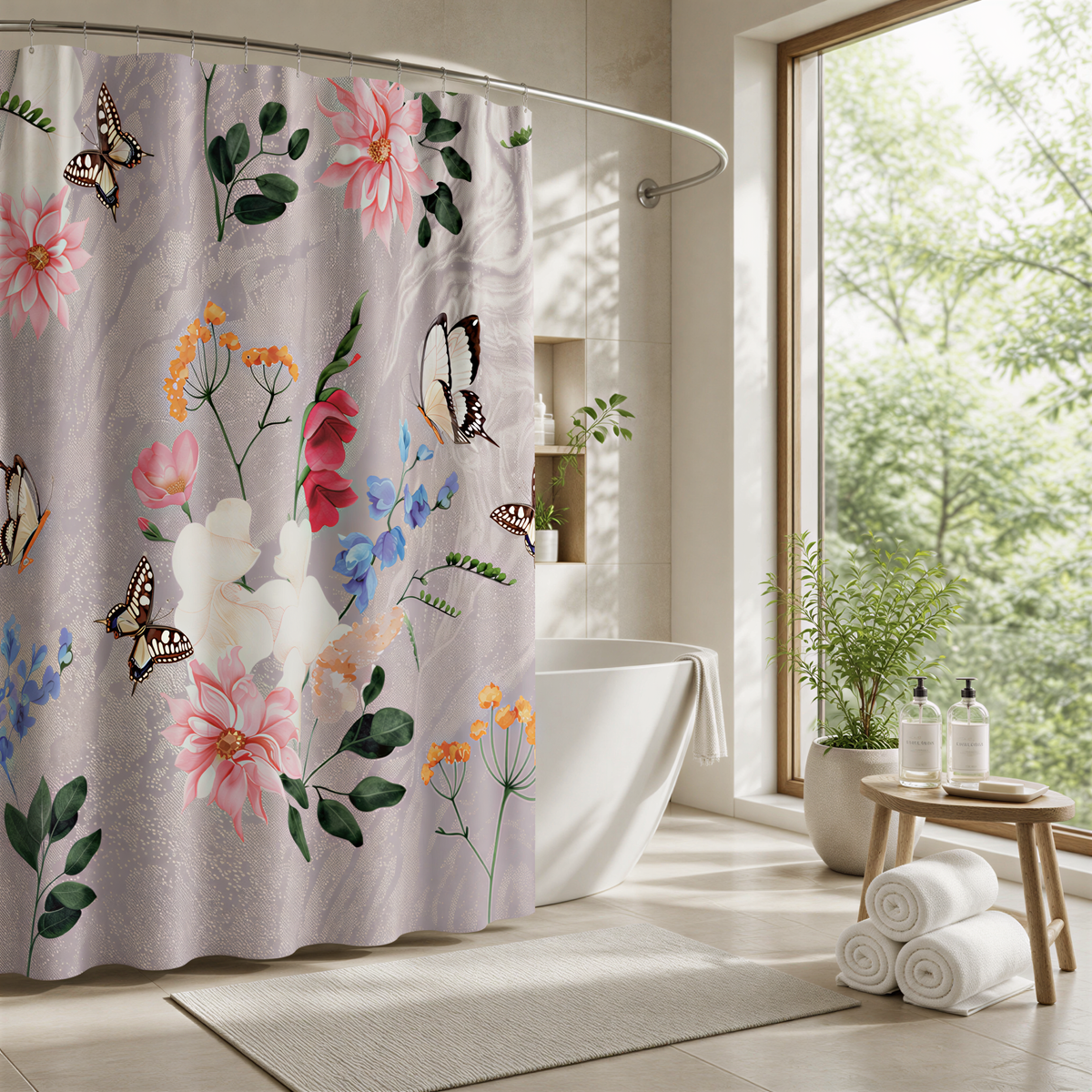 a bathroom with a floral shower curtain featuring pink and white flowers, butterflies, and green leaves. The bathroom has a white bathtub, a wooden stool, and a large window overlooking a lush green outdoor scene.