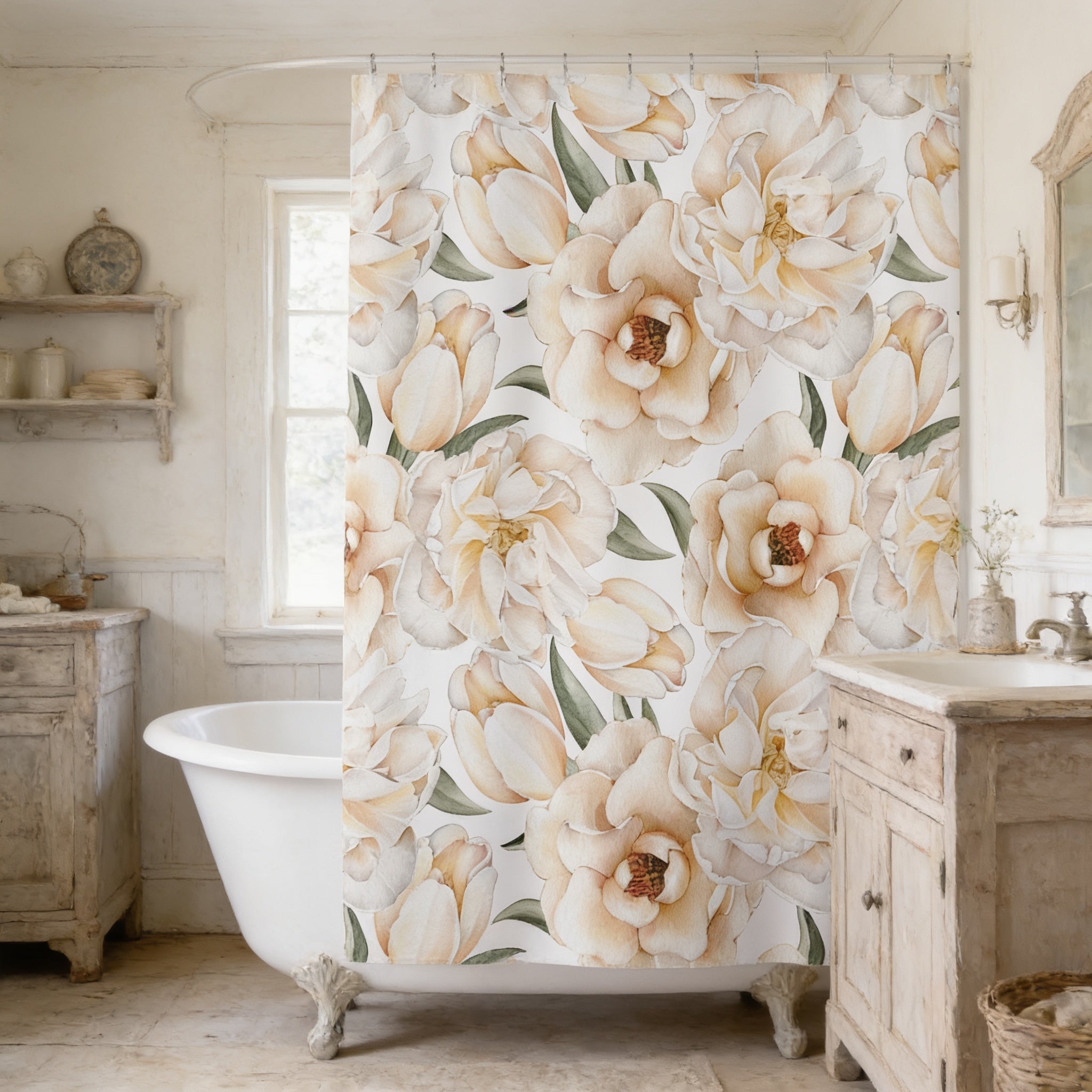 a bathroom with a white bathtub, a floral shower curtain, and a sink.