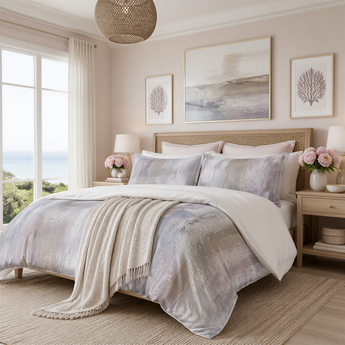 a serene and well-decorated bedroom with a large bed, a wooden headboard, and a painting on the wall. The bed is covered in a gray and white patterned comforter, and there are two nightstands with lamps on either side. The room also features a large window that provides a view of the ocean, and the overall decor has a coastal theme.