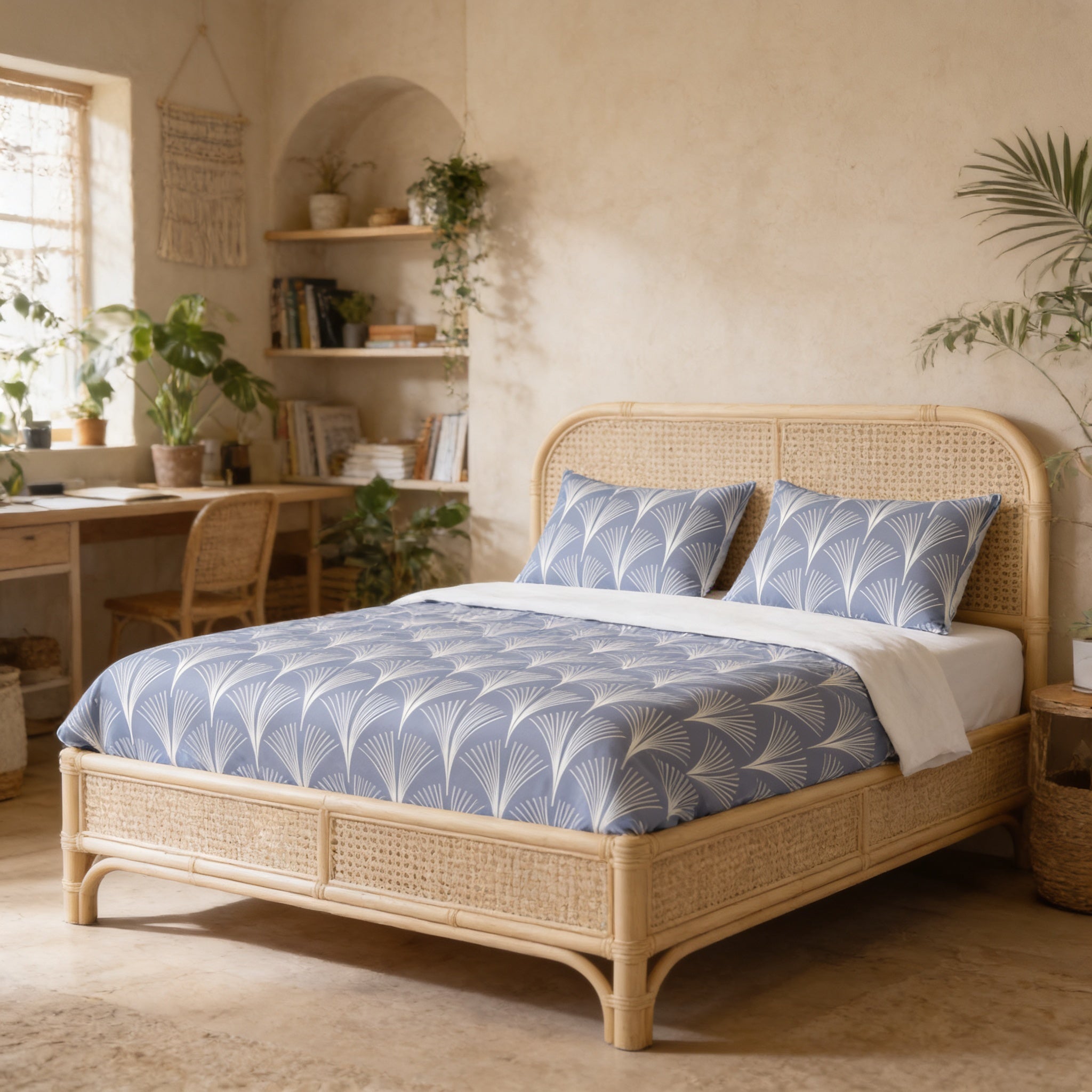 a serene and cozy bedroom with a large bed featuring a blue and white patterned comforter and pillows. The room is decorated with various plants and bookshelves, creating a warm and inviting atmosphere.