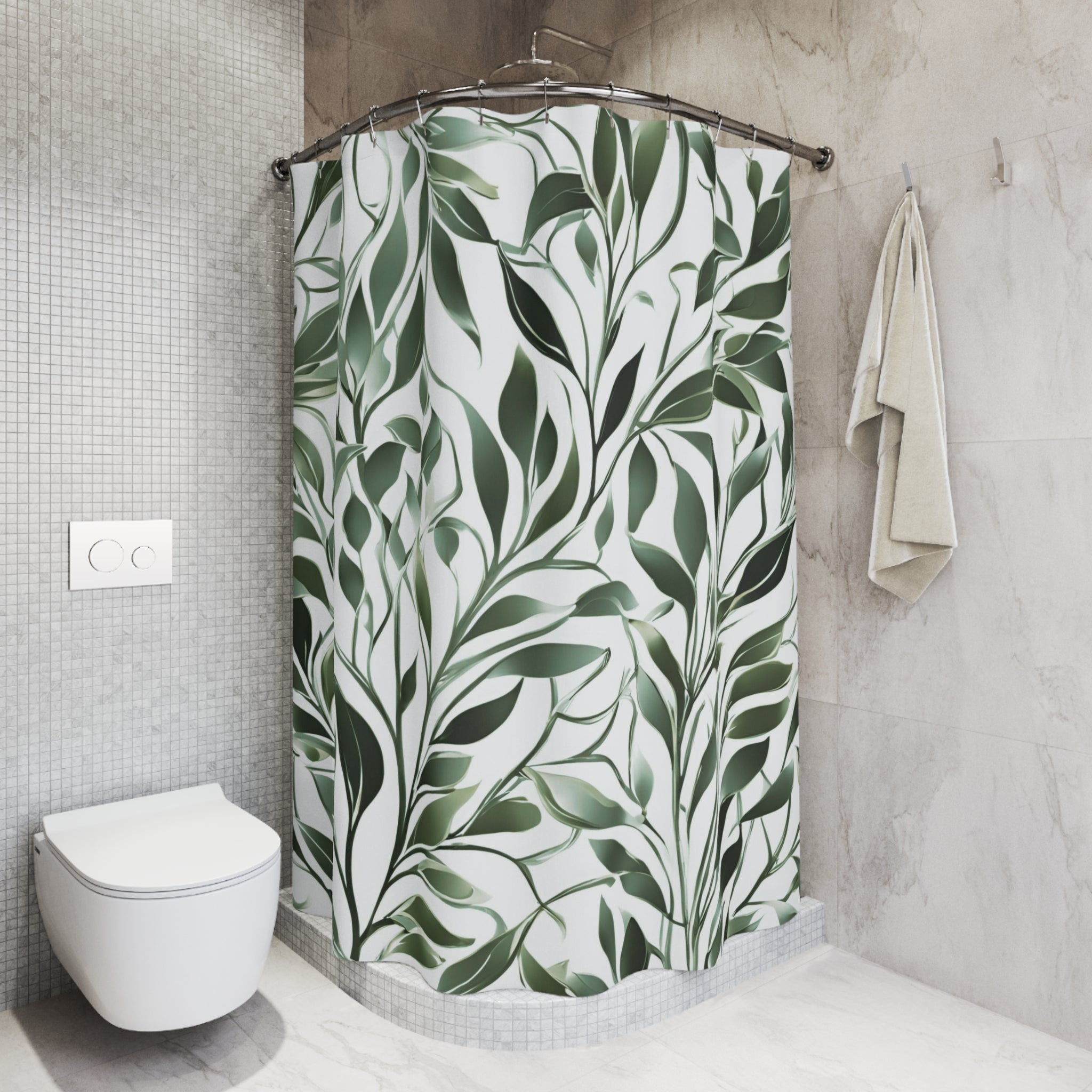 Boho Shower Curtain | Sage Green, White Leaves