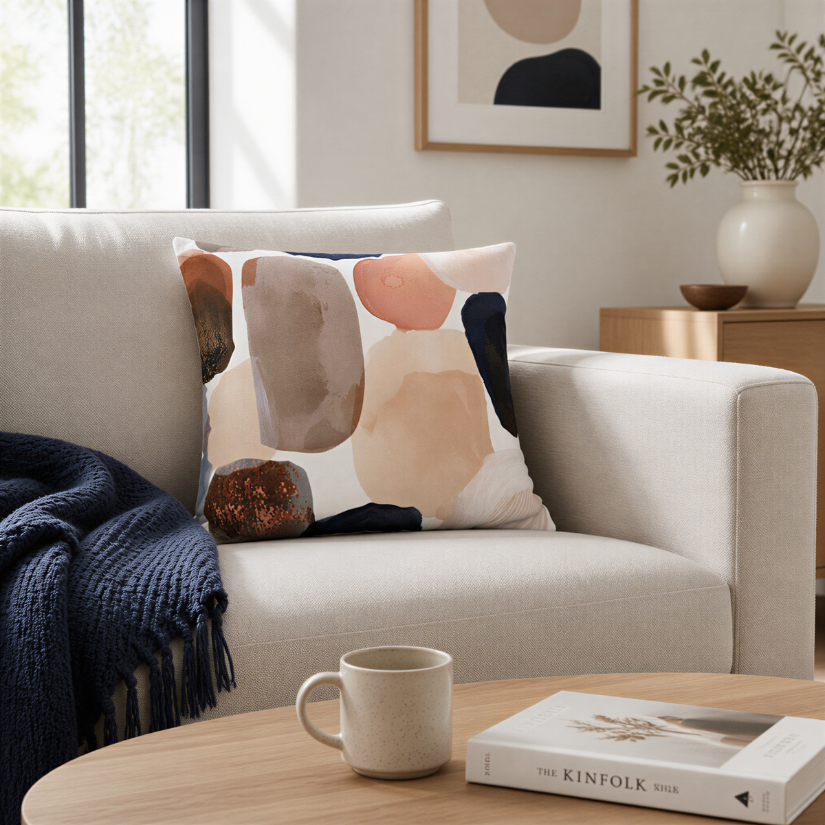 a cozy living room with a white sofa, a coffee table, and a framed abstract art piece on the wall. A throw blanket is draped over the sofa, and a coffee mug is placed on the coffee table.