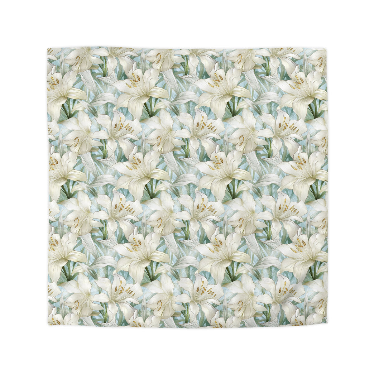 a repeating pattern of white lilies against a light green background.