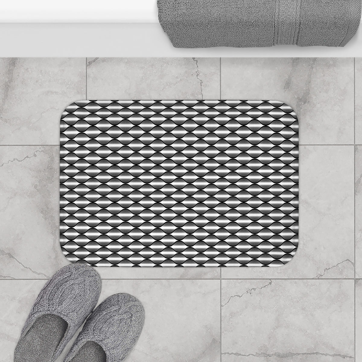 Black White Deco Wave Bath Mat, Op Art Bathroom Rug