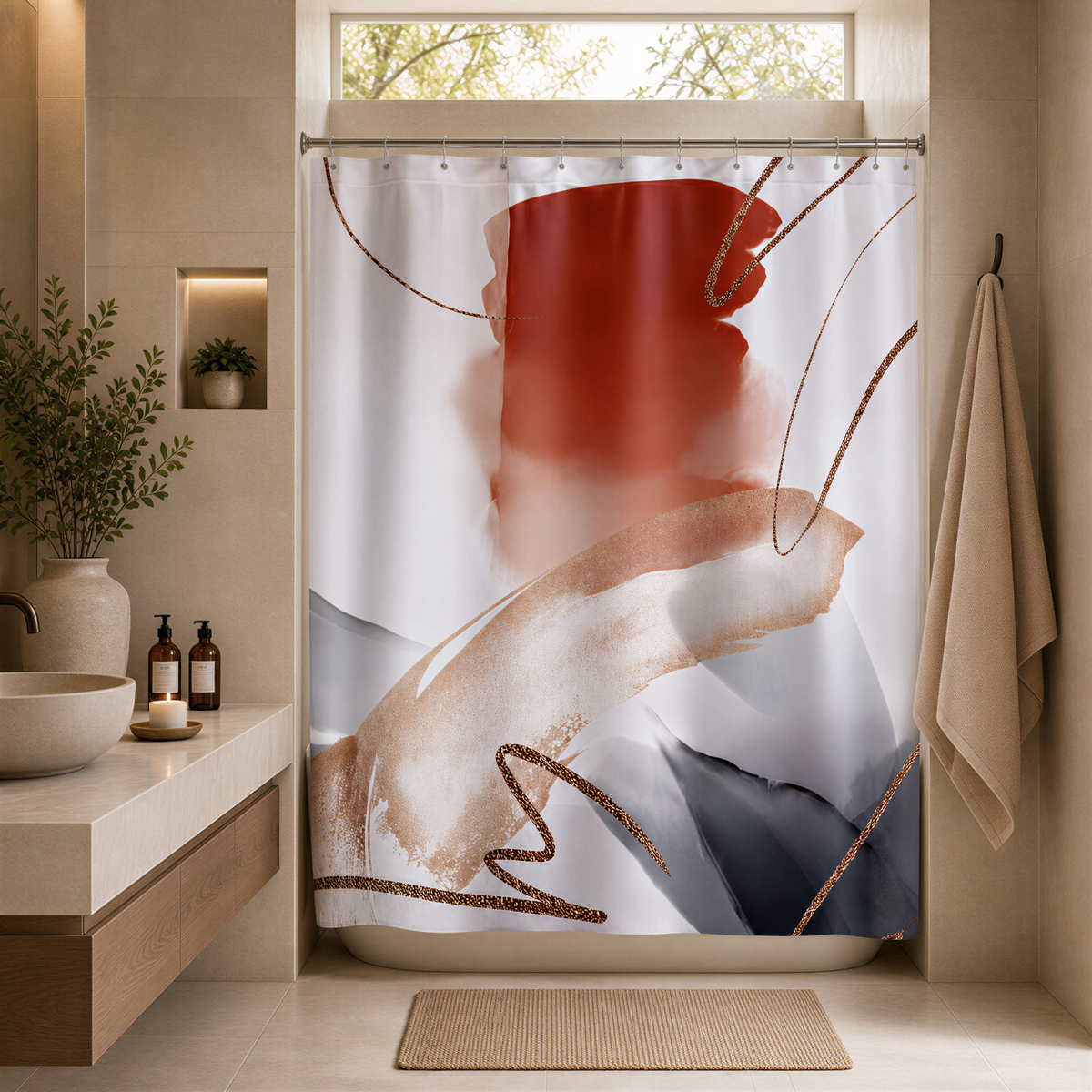 a modern bathroom with a large abstract shower curtain featuring a red and white color scheme. The bathroom is well-decorated with a potted plant, a vase, and a candle on the counter.