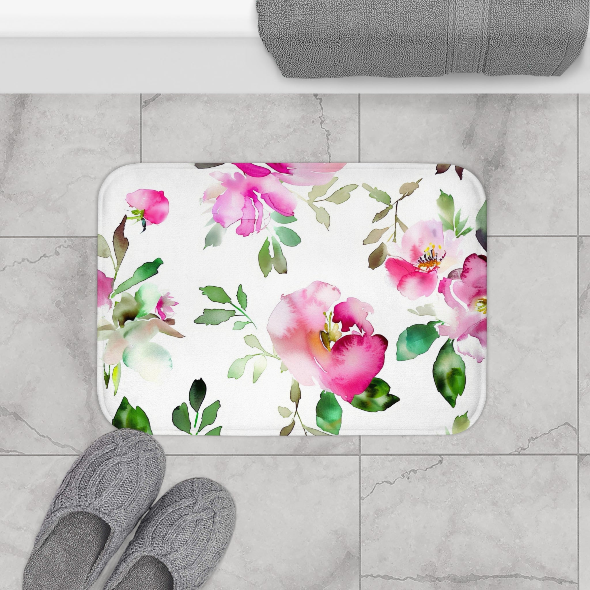 Boho Kitchen, Bath Mat | Floral Pink, White Green Floor Mat