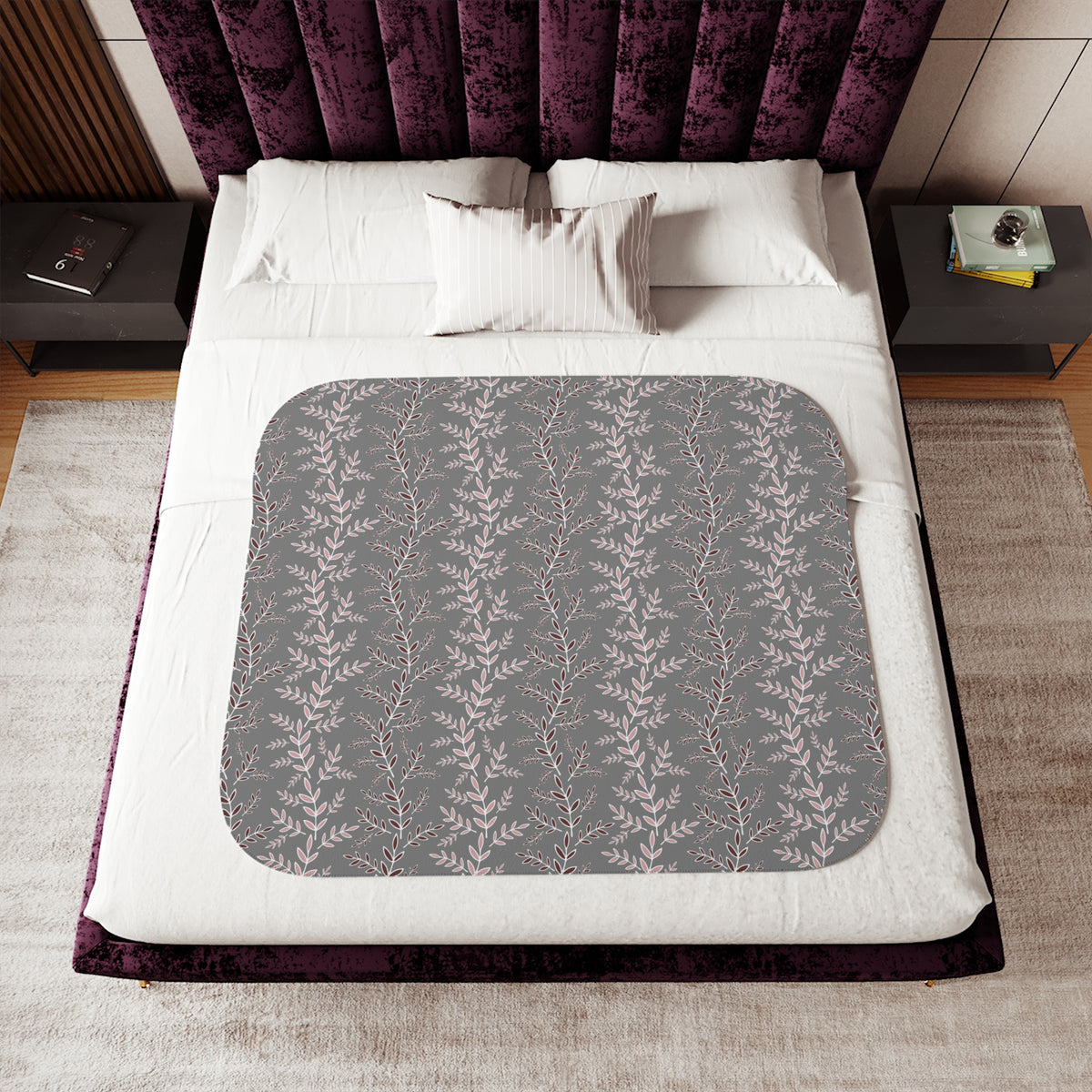 Blush Burgundy Leaf Sprig Sherpa Blanket | Gray Botanical Throw