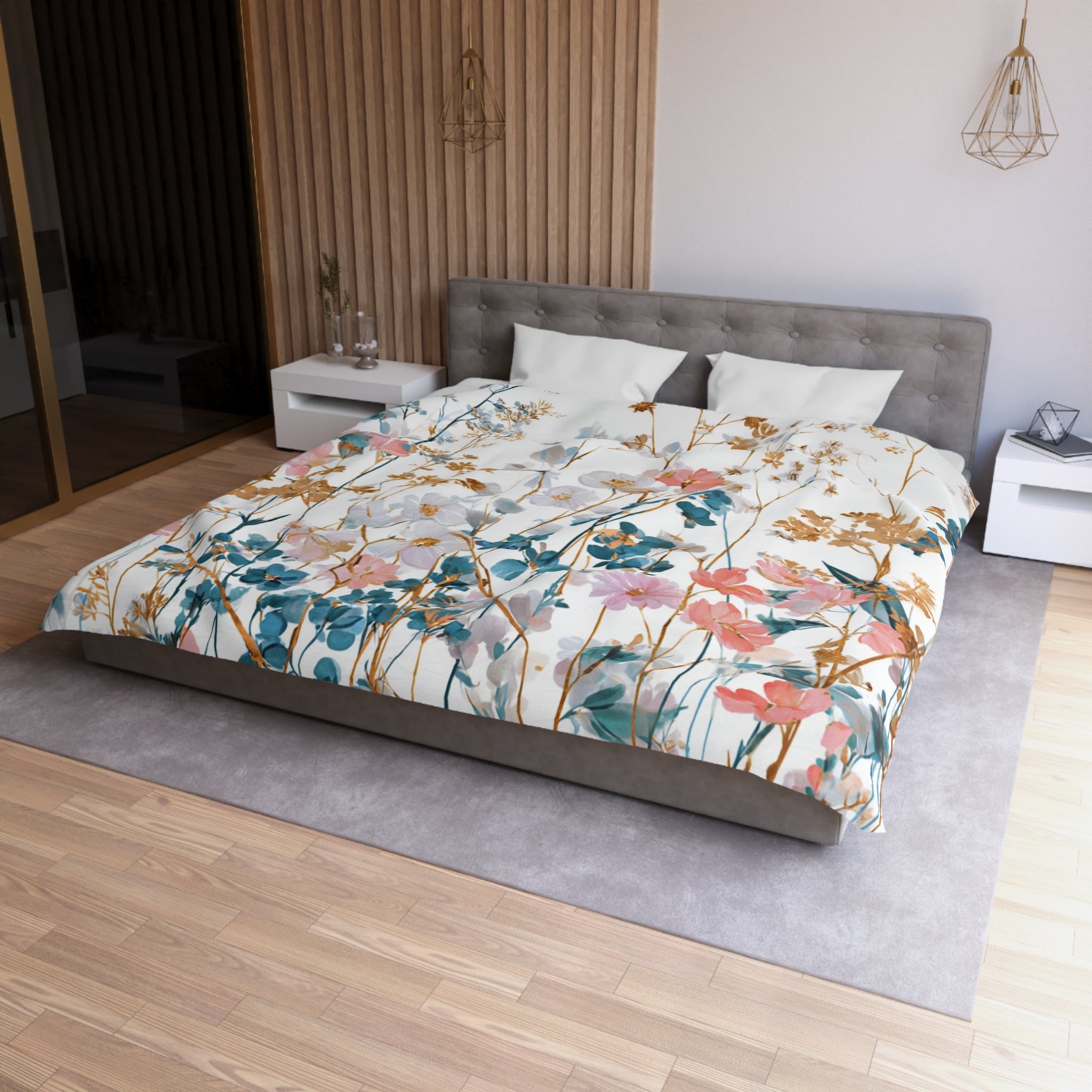 Floral Modern Duvet, Pillow Cover | White Beige Bedroom Decor
