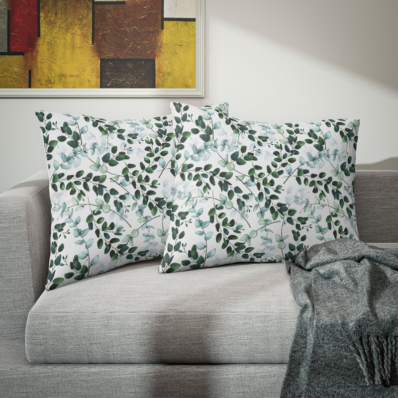 Bedding Pillow Sham | Floral, White Forest Green Leaves