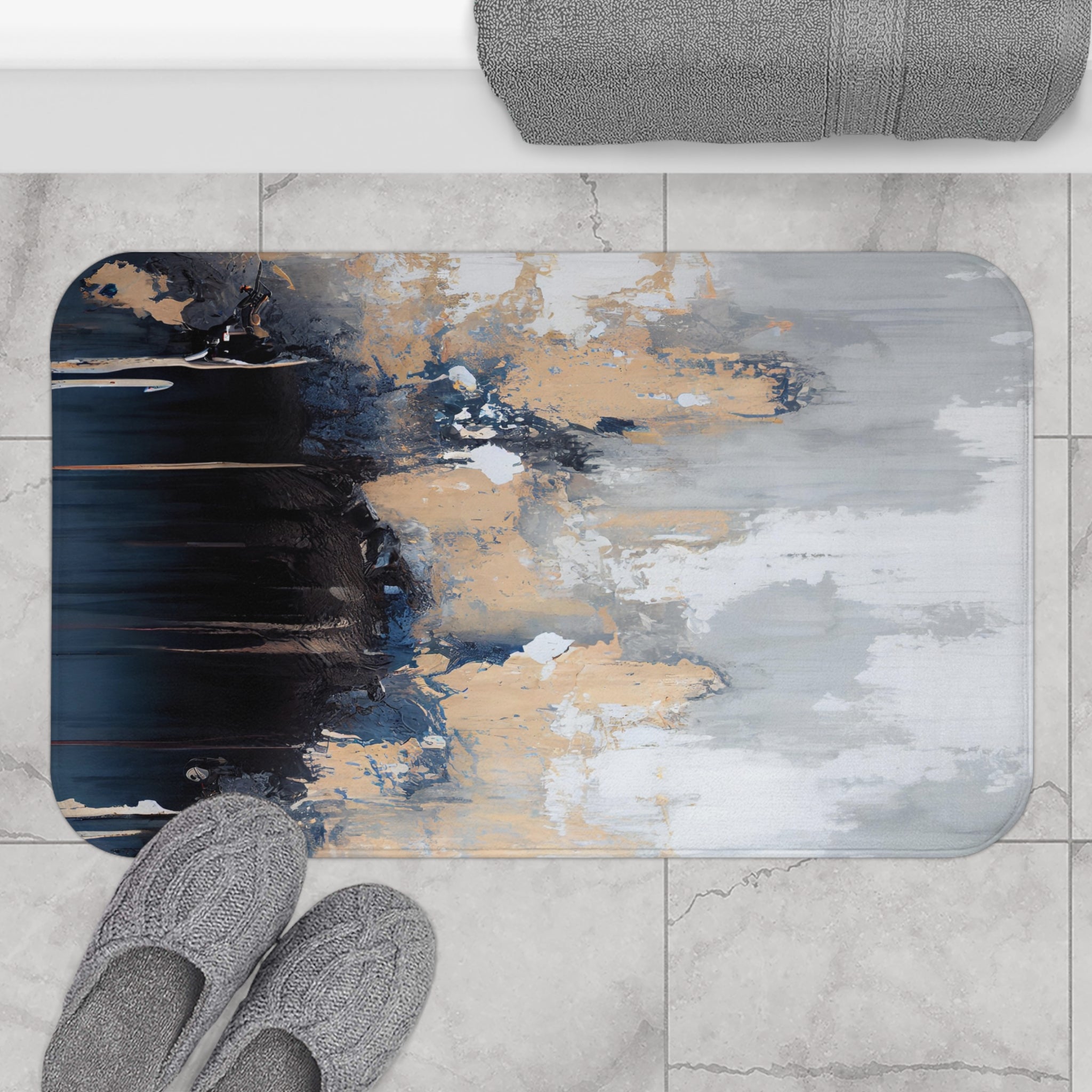 Boho Kitchen, Bath Mat | Abstract Black Navy Blue, Beige Grey