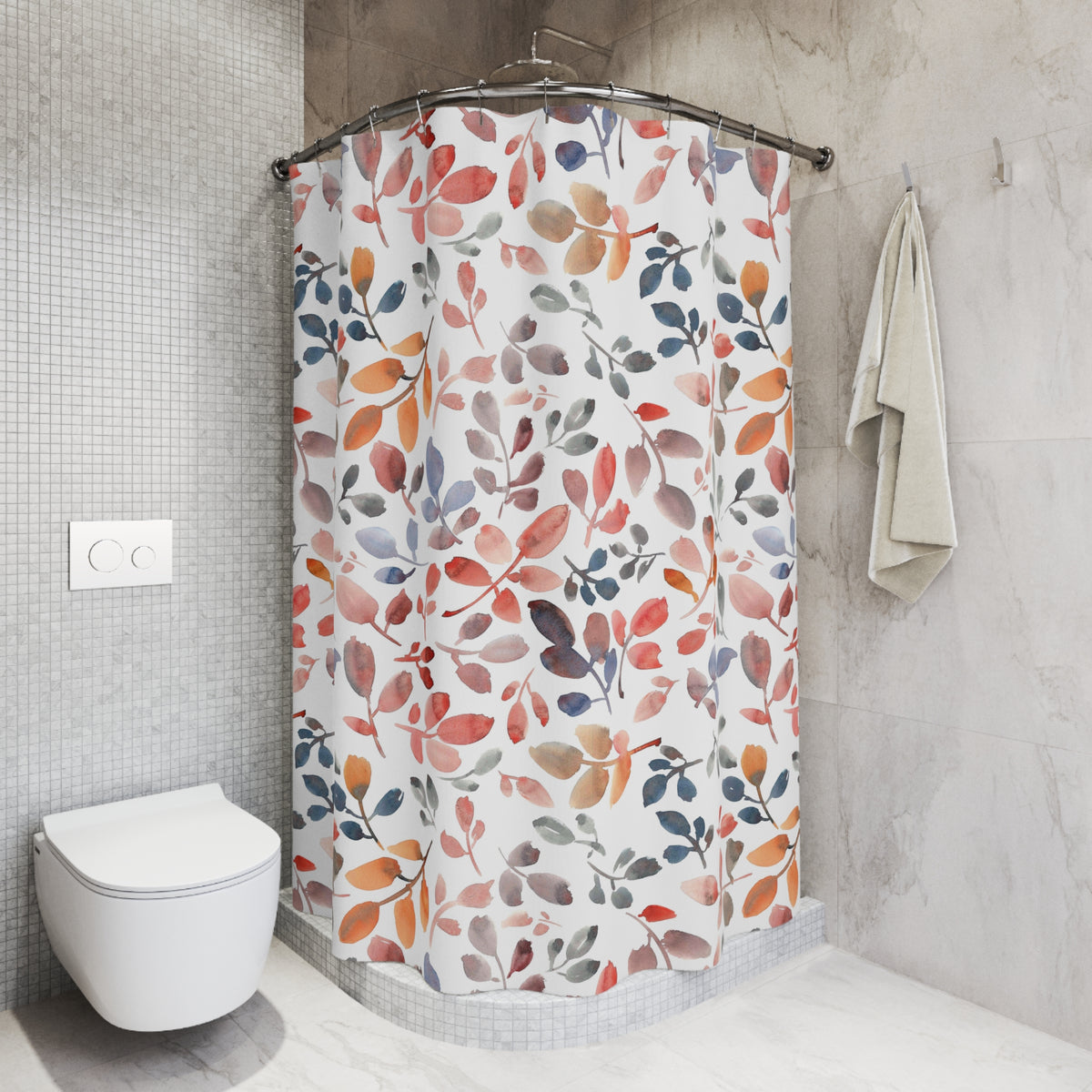 a bathroom with a shower curtain adorned with a colorful leaf pattern. The shower curtain is hanging on a rod next to a towel, and the bathroom has a white toilet and a tiled wall.