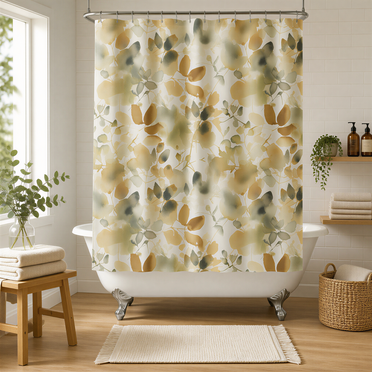 a bathroom with a white clawfoot bathtub, a shower curtain with a leafy pattern, and a basket of towels.