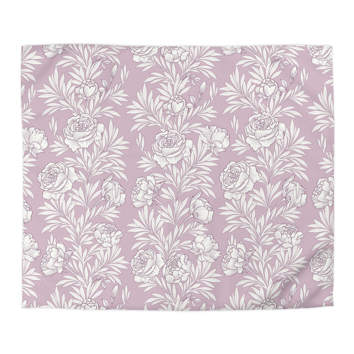 a repeating pattern of white flowers and leaves on a light purple background.