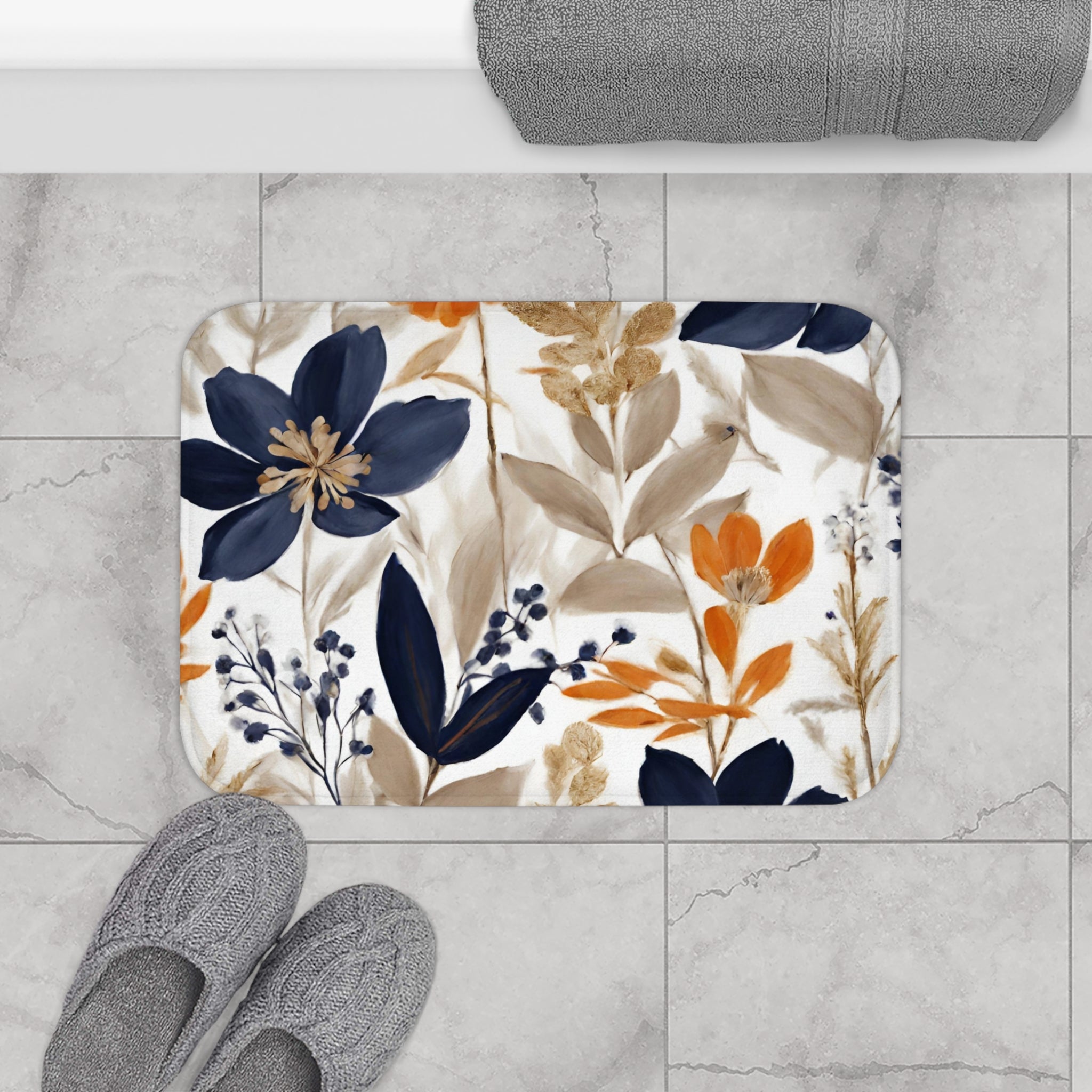 Floral Bath Mat | White, Navy blue Beige, orange