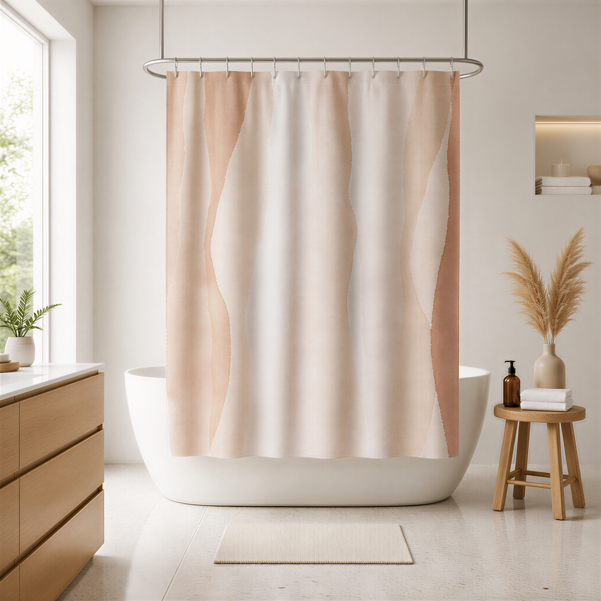 a modern bathroom with a white bathtub, a shower curtain with a peach-colored design, and a wooden stool.