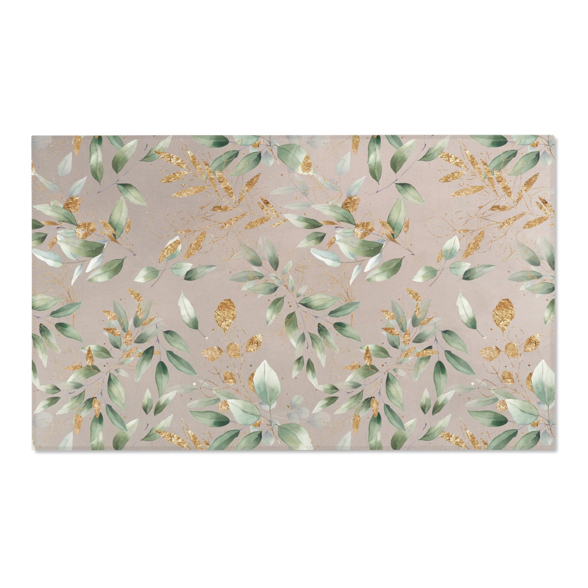 Floral Area Rug | Beige Sage Green Leaves, Gold Watercolor