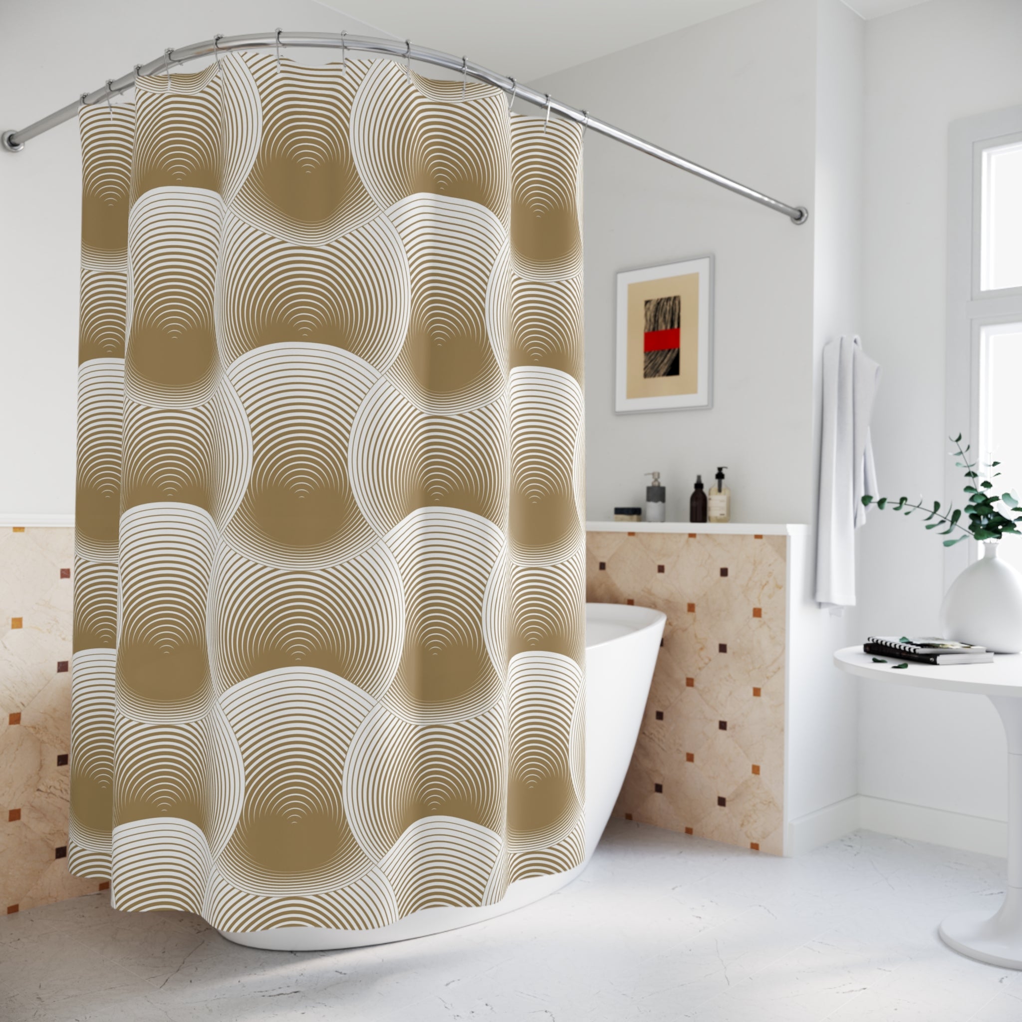 Retro Shower Curtain | Geometric, Beige White Bathroom Decor
