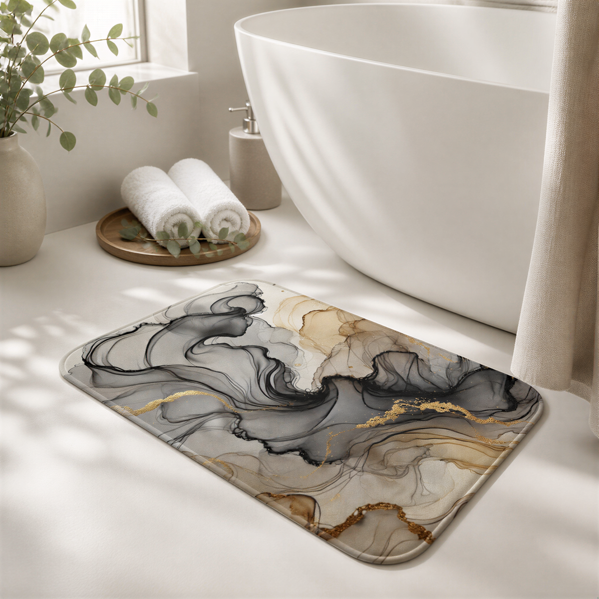 a bathroom with a white bathtub, a marble-patterned bath mat, and a decorative vase with greenery.
