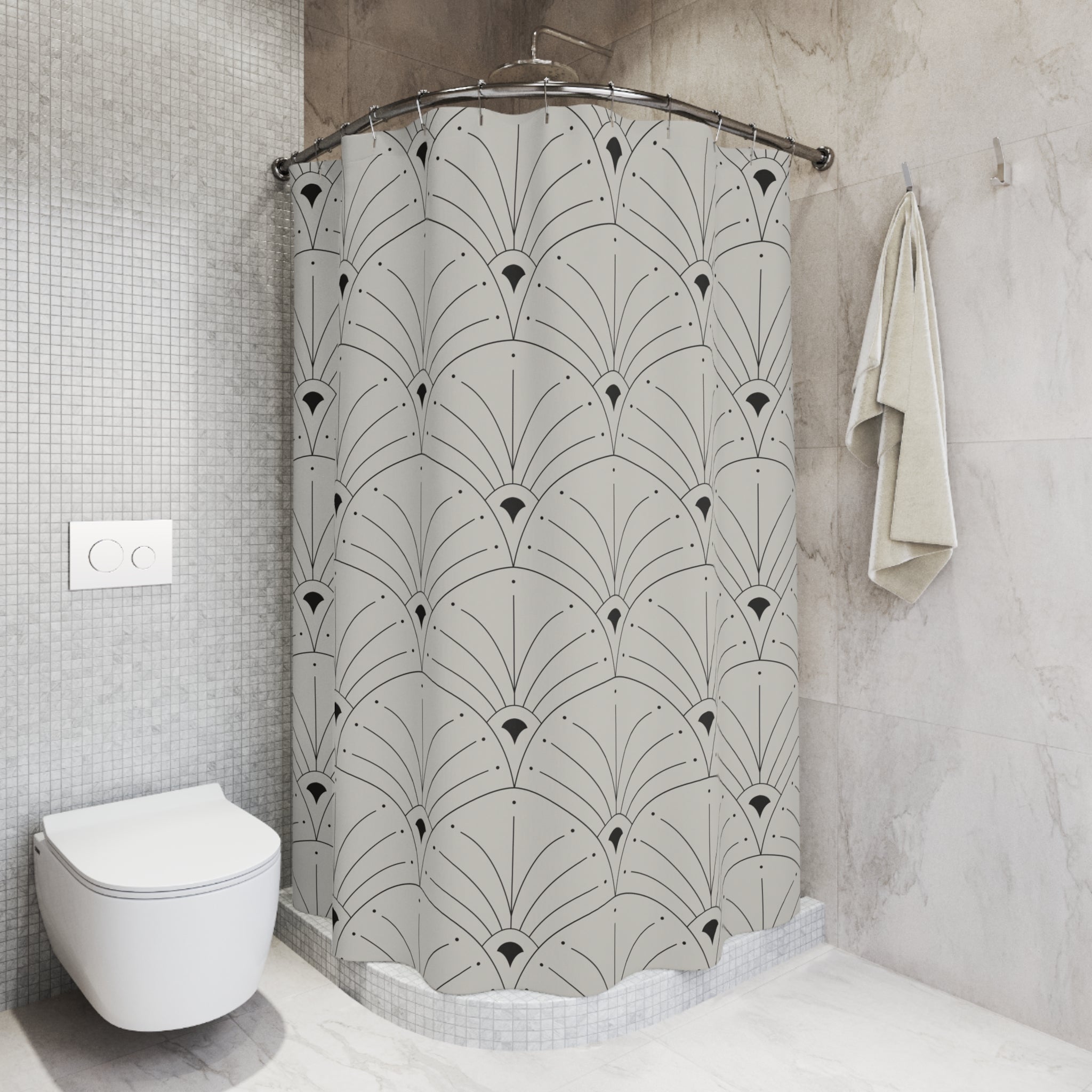 Boho Shower Curtain | Art Deco Nouveau Fan Grey Black